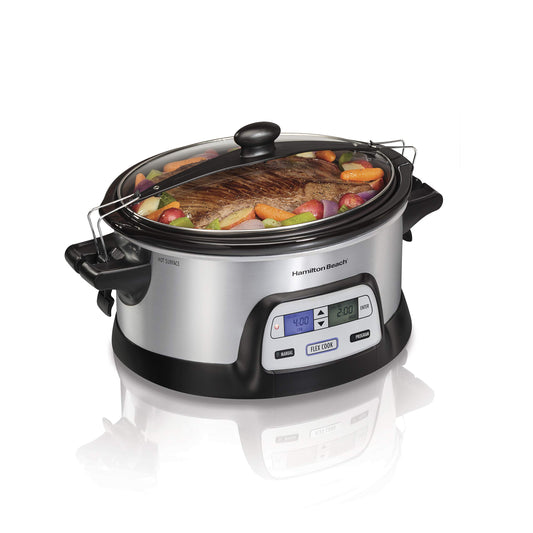 Hamilton Beach 33861 Olla de cocción lenta programable portátil, apta para lavaplatos, 6 cuartos de galón, temporizador digital dual FlexCook / 2 ajustes de calor, bloqueo de tapa para un fácil viaje, color plateado