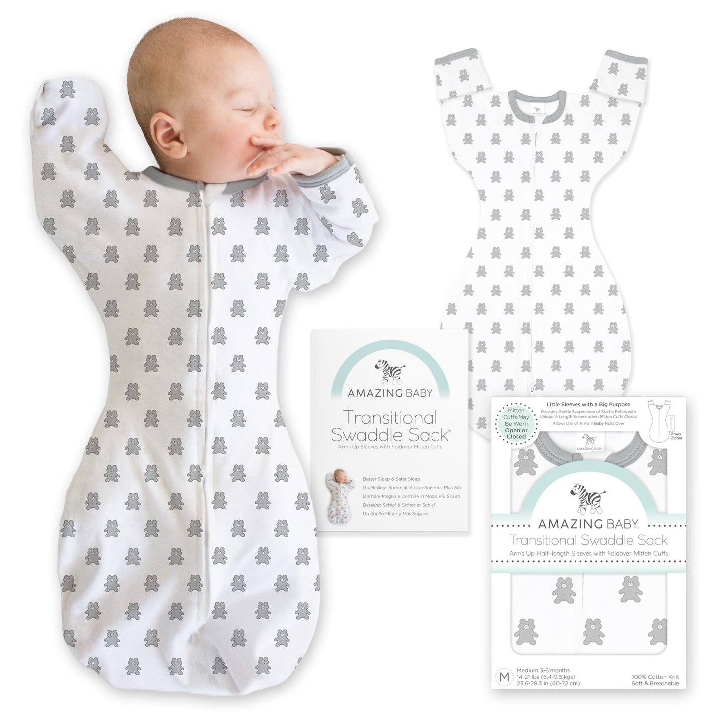 Amazing Baby Transitional Swaddle Sack with Arms Up Mitten Cuffs, Tiny Bear, Sterling, Small 0-3 Months