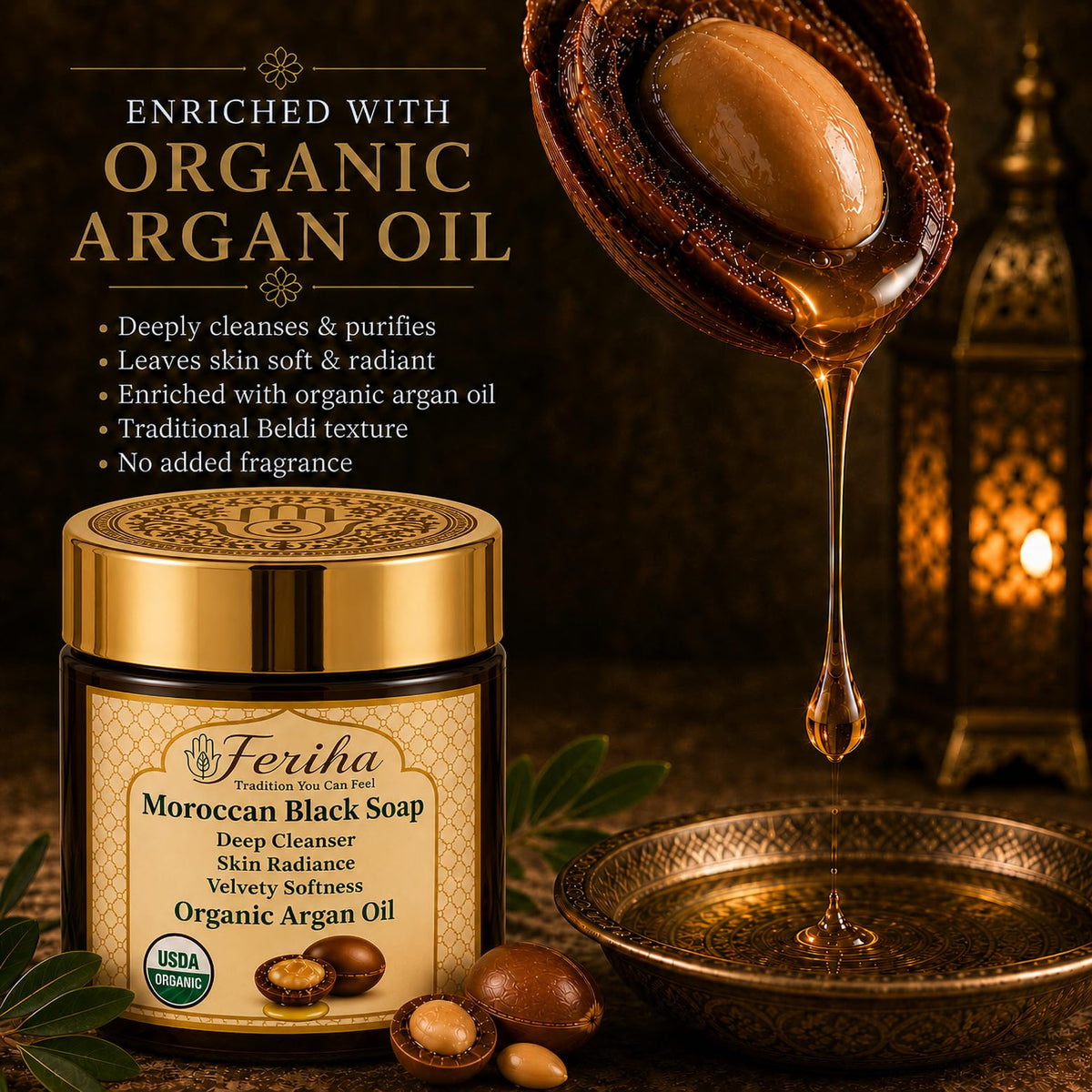 FERIHA- Jabón negro marroquí de primera calidad con aceite de argán orgánico, 100% auténtico, jabón artesanal Beldi, de origen Cr