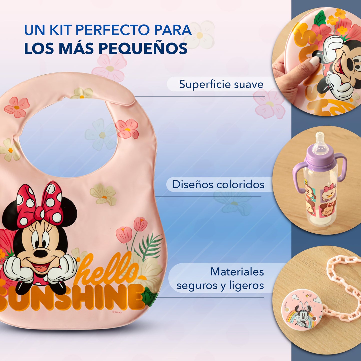 GAIRET Kit de Minnie Mouse para Bebé Niña: Incluye 2 Biberones de 9 oz con Asas y Sellado Antiderrames, 1 Babero Impermeable y 1 Chupón de Silicona con Sujetador de Ropa, Oficial Disney, 4 Piezas