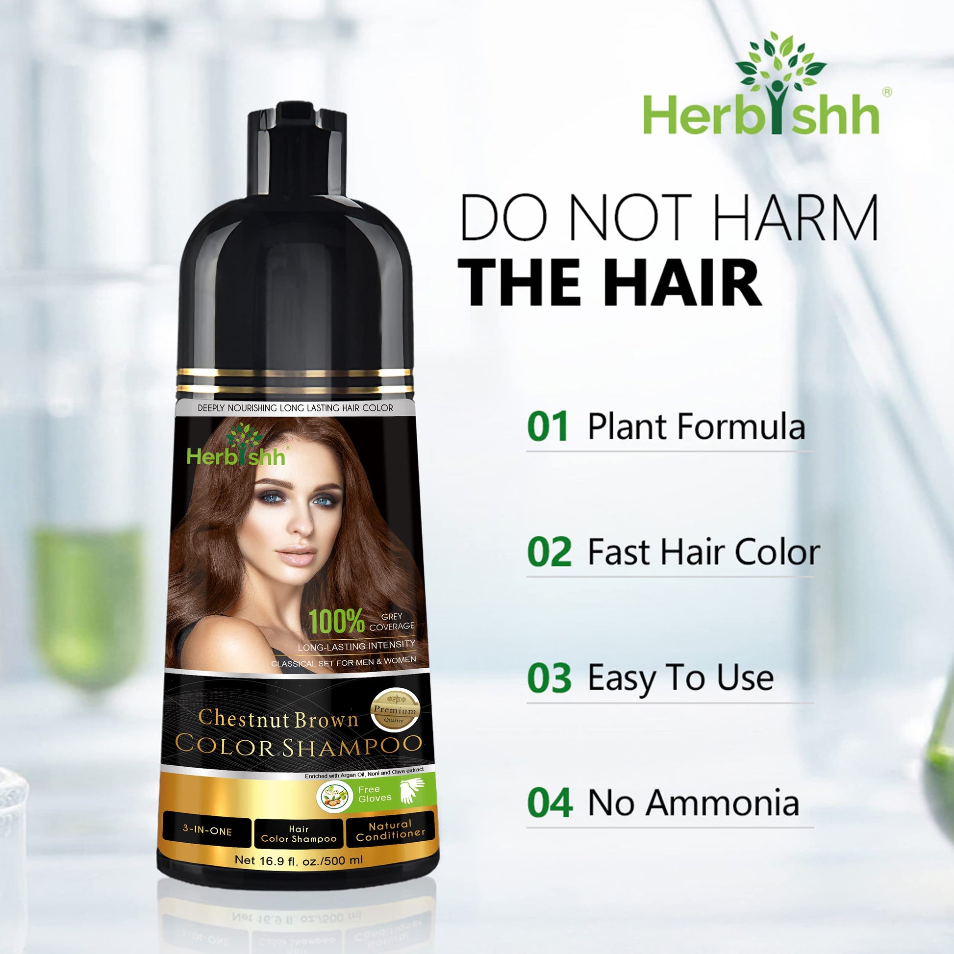 Herbishh - Champú colorante para cabello gris, champú con tinte natural para el cabello, colorea el cabello en minutos, dura hasta de 3 a 4 semanas, 500 ml, tinte de cabello 3 en 1, sin amoniaco | (marrón castaño)