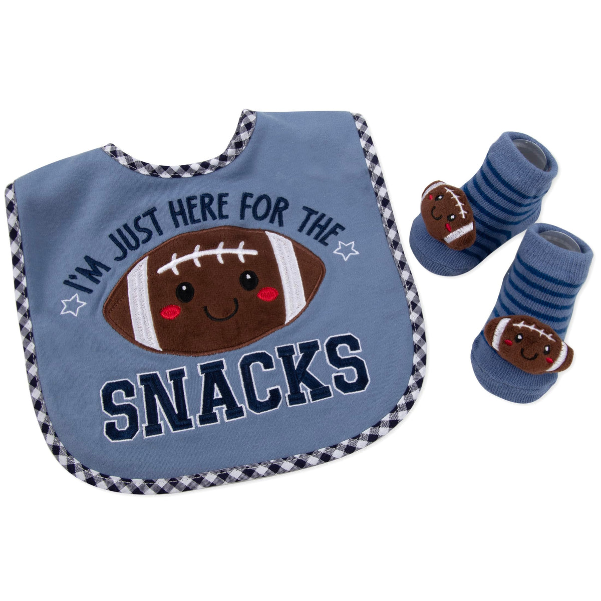 Baby Essentials - Juego de babero y calcetín para bebé, accesorio de fútbol, regalo para recién nacidos y bebés (Blue I'm Just Here for The Snacks, 0-12 meses)