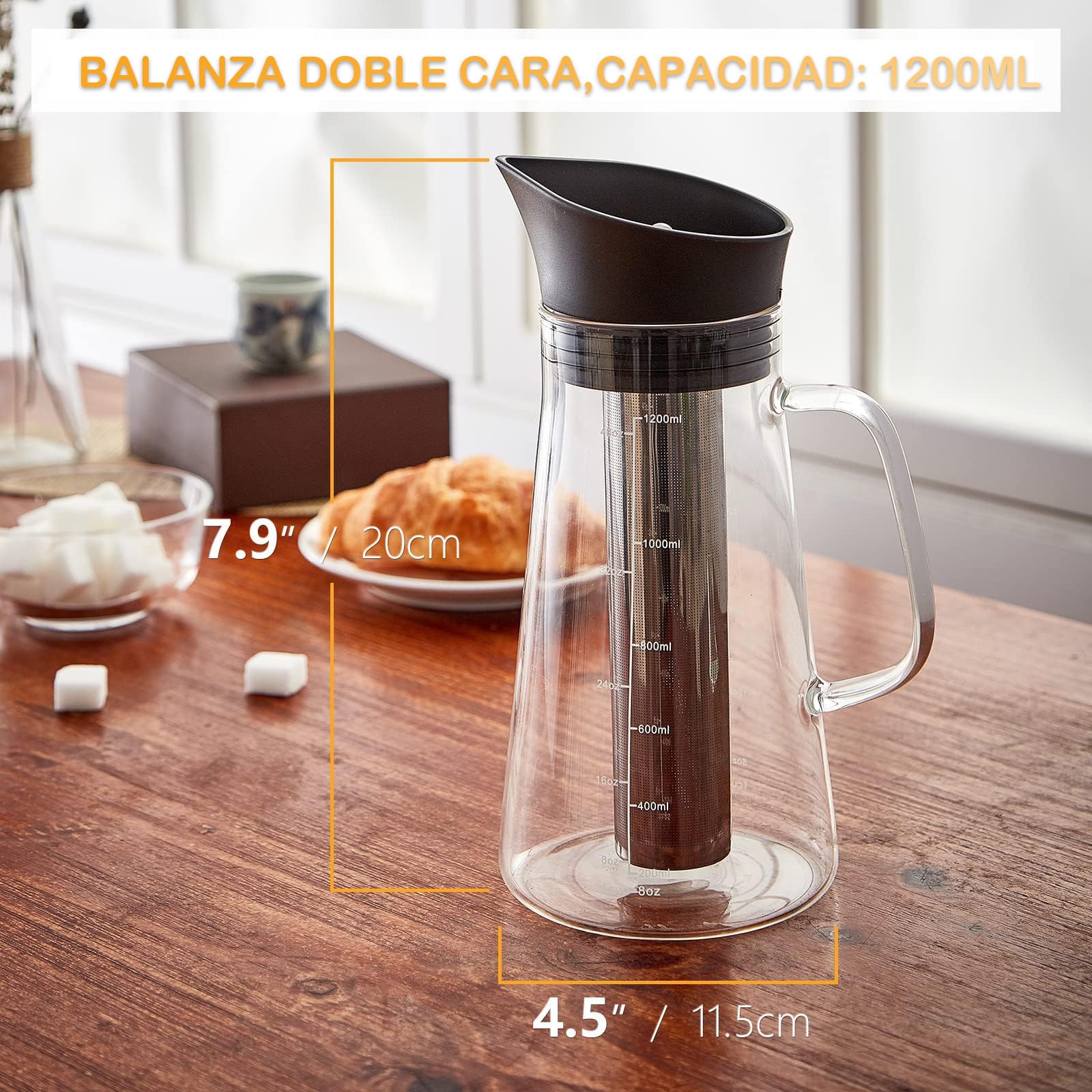 Café En Frío Cold Brew Jarra De Vidrio,1.2L Cafetera Cold Brew Vidrio de Primera Calidad Tetera Helada,Con filtro de acero inoxidable extraíble y tapa hermética,Apto para té de frutas o café