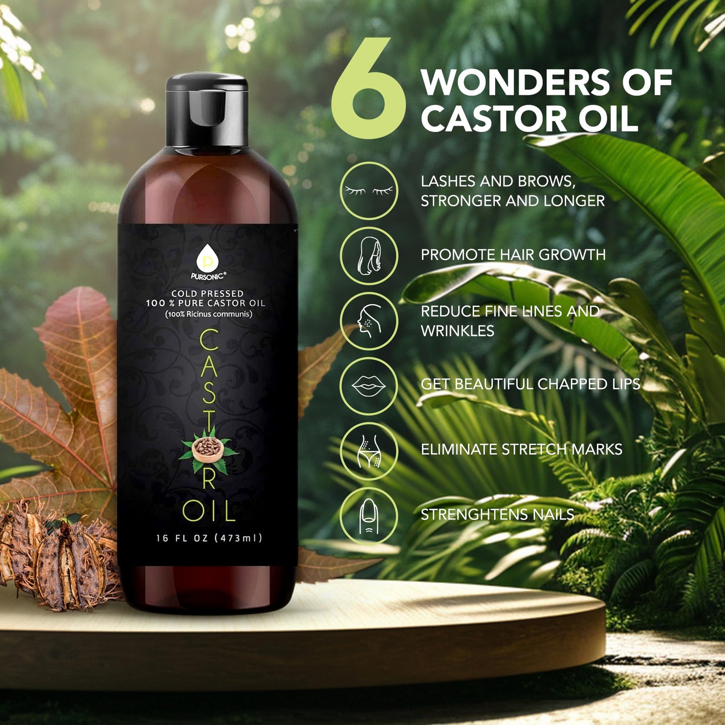 Aceite Orgánico de Ricino Puro 16 oz para Crecimiento Capilar y Piel Nutrida - Sin Hexano - Prensado en Frío - Cabello y Piel Seca Saludable.