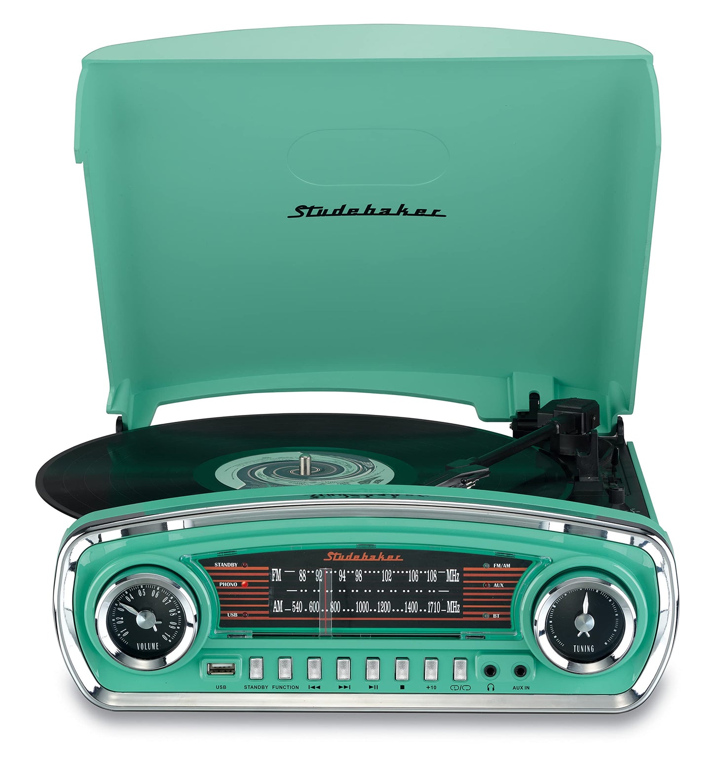 Studebaker - Tocadiscos de 3 velocidades con control de tono, con receptor Bluetooth, radio estéreo AM/FM, ranura USB para reproducción de MP3 y conectores para audífonos y auxiliar (verde azulado)