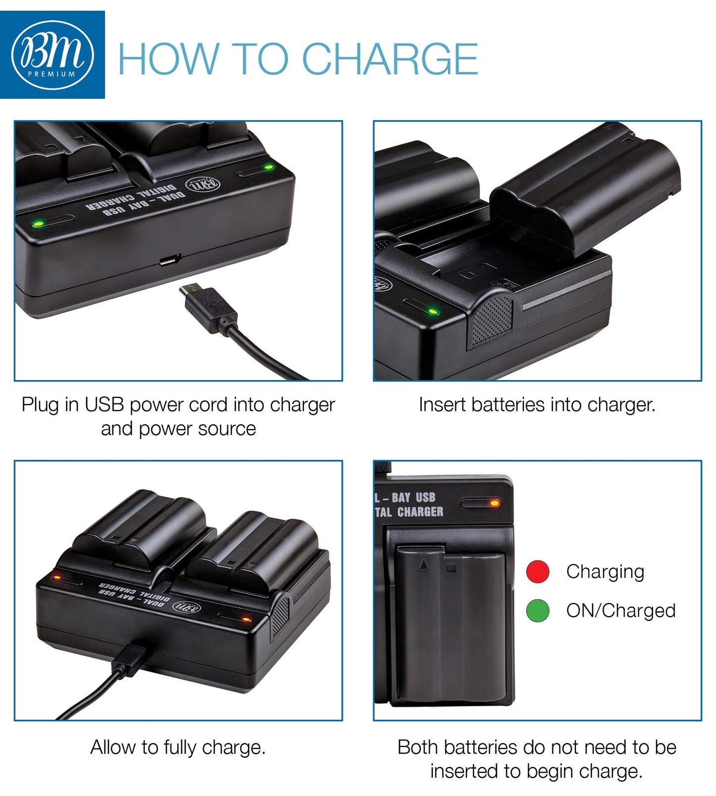 BM Premium 2 Pack of EN-EL15B Batteries and Dual Battery Charger for Nikon Z6, Z7, D850, D7500, 1 V1, D500, D600, D610, D750, D800, D800E, D810, D810A, D7000, D7100, D7200 Digital Cameras
