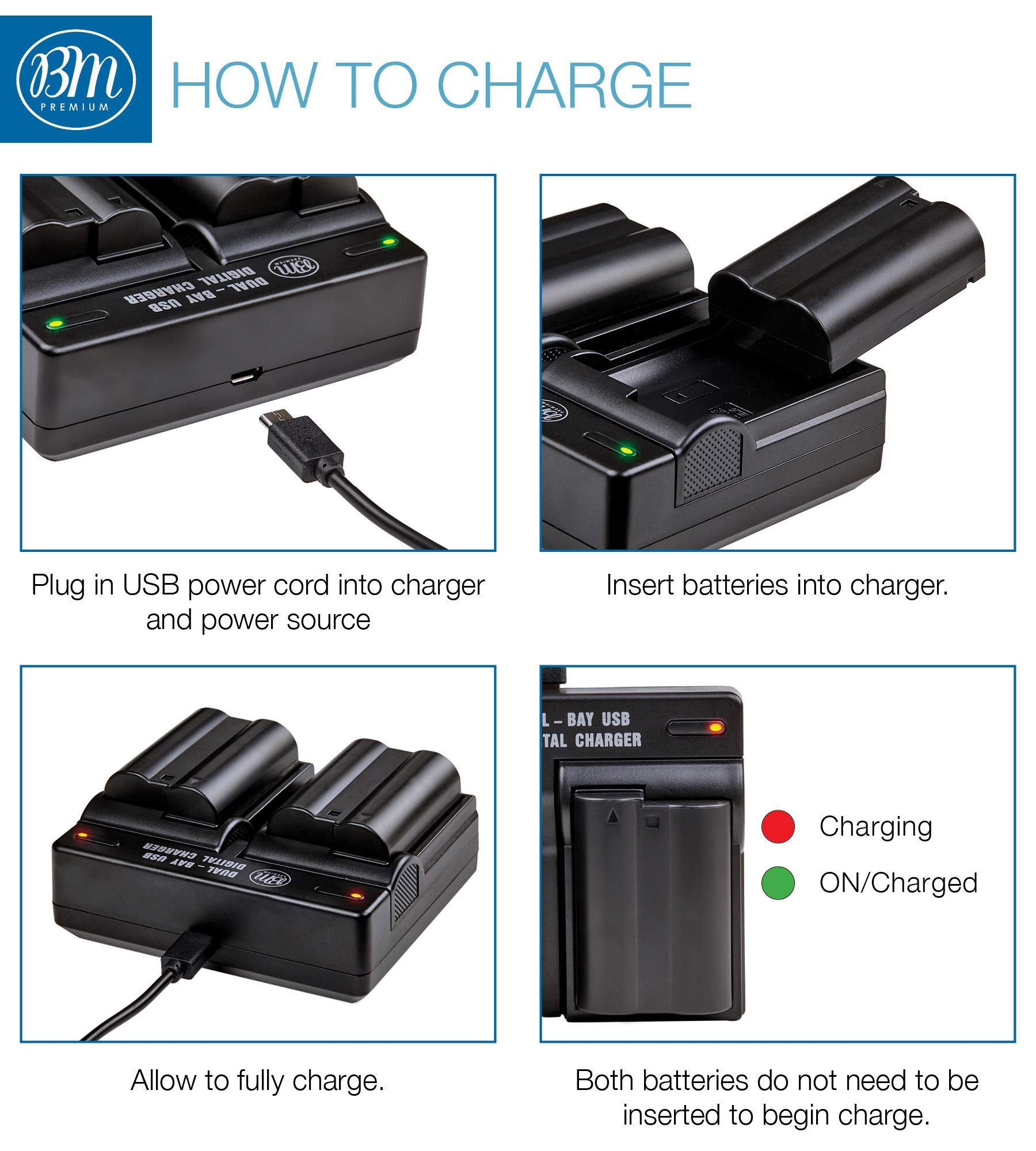 BM Premium 2 Pack of EN-EL15B Batteries and Dual Battery Charger for Nikon Z6, Z7, D850, D7500, 1 V1, D500, D600, D610, D750, D800, D800E, D810, D810A, D7000, D7100, D7200 Digital Cameras