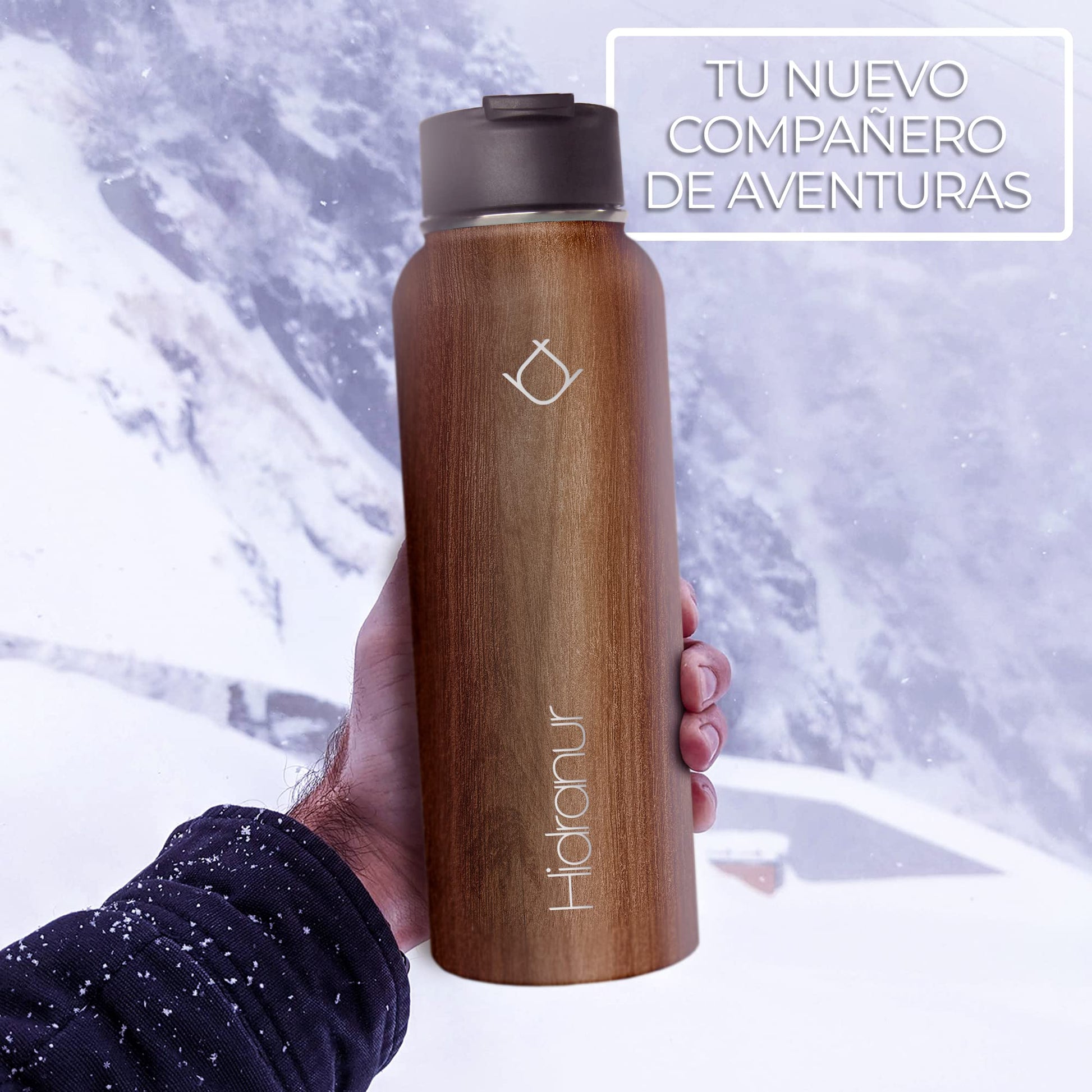 Hidranur Termo de Acero Inoxidable Doble Aislamiento Térmico, Termo Para Café 32 oz (946.35 ml), 3 Tapas Herméticas, 2 Popotes, 24 Hrs de Agua Caliente y Fría (Madera, 32 Oz (946.35 ml))