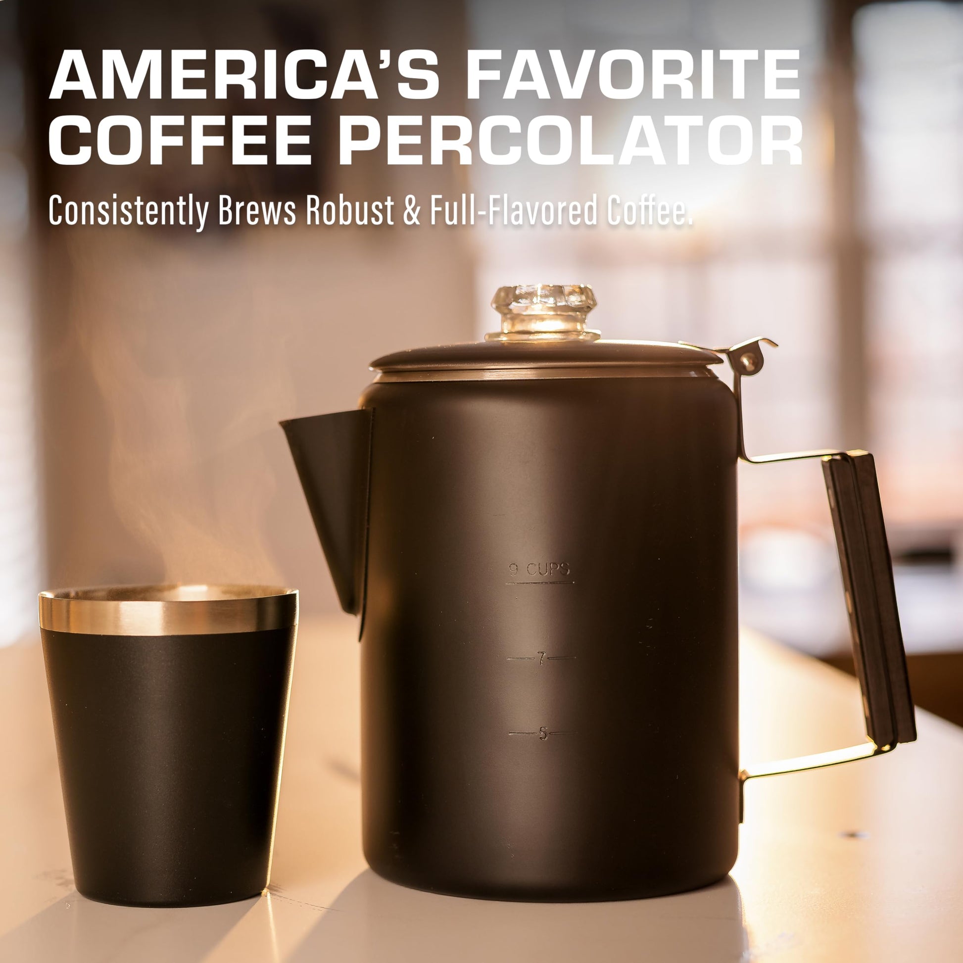 COLETTI Black Bozeman Percolator Cafetera – Cafetera de camping, Percolador de café – Percolador más elegante de Estados Unidos – Acero inoxidable puro, sin aluminio o plástico (9 tazas)