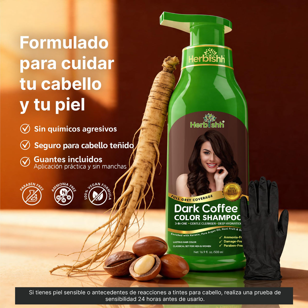 Herbishh Shampoo Color para Cabello Gris Natural - Dura Hasta 3-4 Semanas 500ml - Color de Cabello 3 en 1 Sin Amoniaco | Herbishh (Café Oscuro)