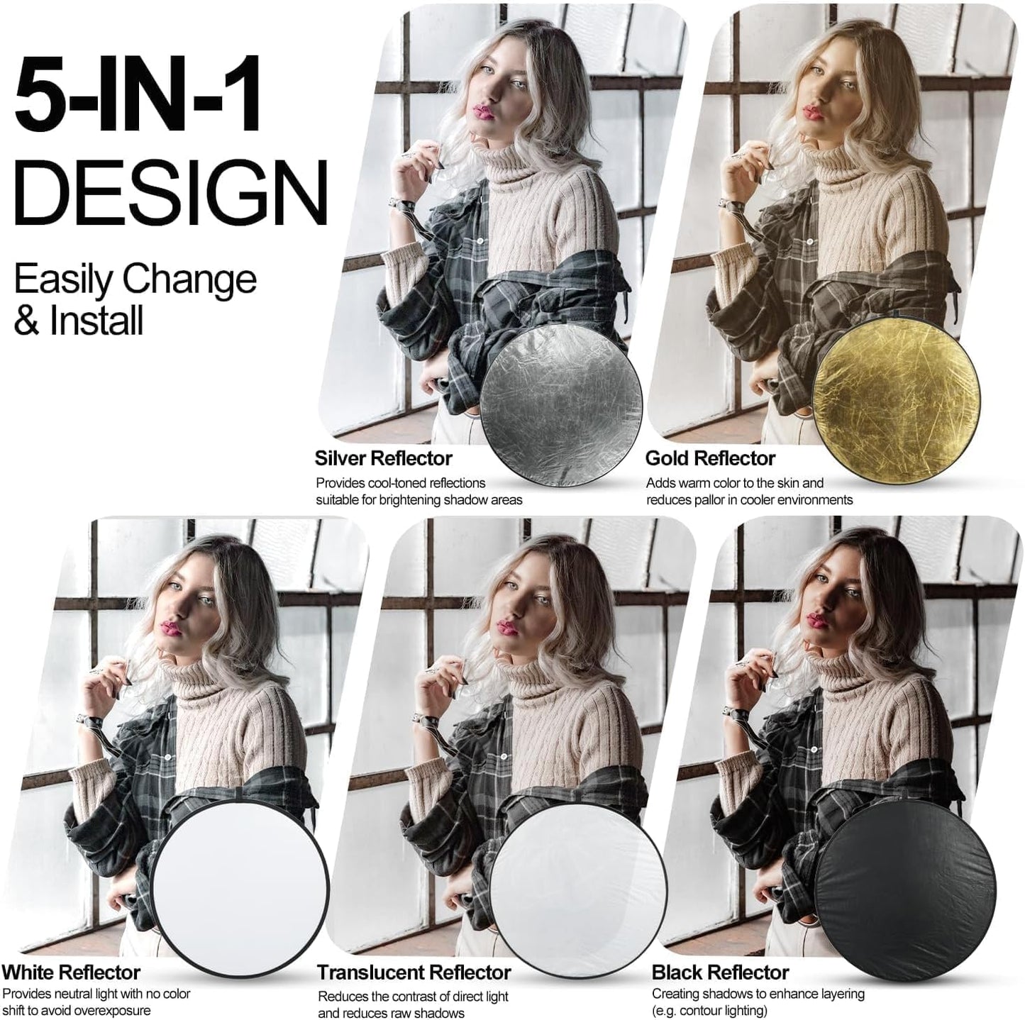EMART - Reflector fotográfico plegable 5 en 1 con bolsa, panel de cámara portátil para video de estudio, iluminación exterior, fotografía interior, retrato translúcido, blanco, plata, oro, negro