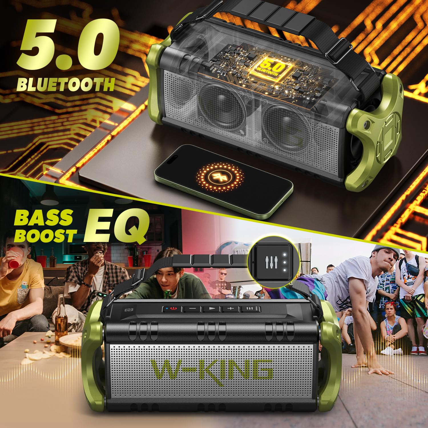 W-KING Altavoz Bluetooth de 90W, Altavoces inalámbricos portátiles Impermeables con 24 Horas de reproducción, Enorme batería, Graves potentes mejorados, subwoofer con NFC para Interiores y Exteriores