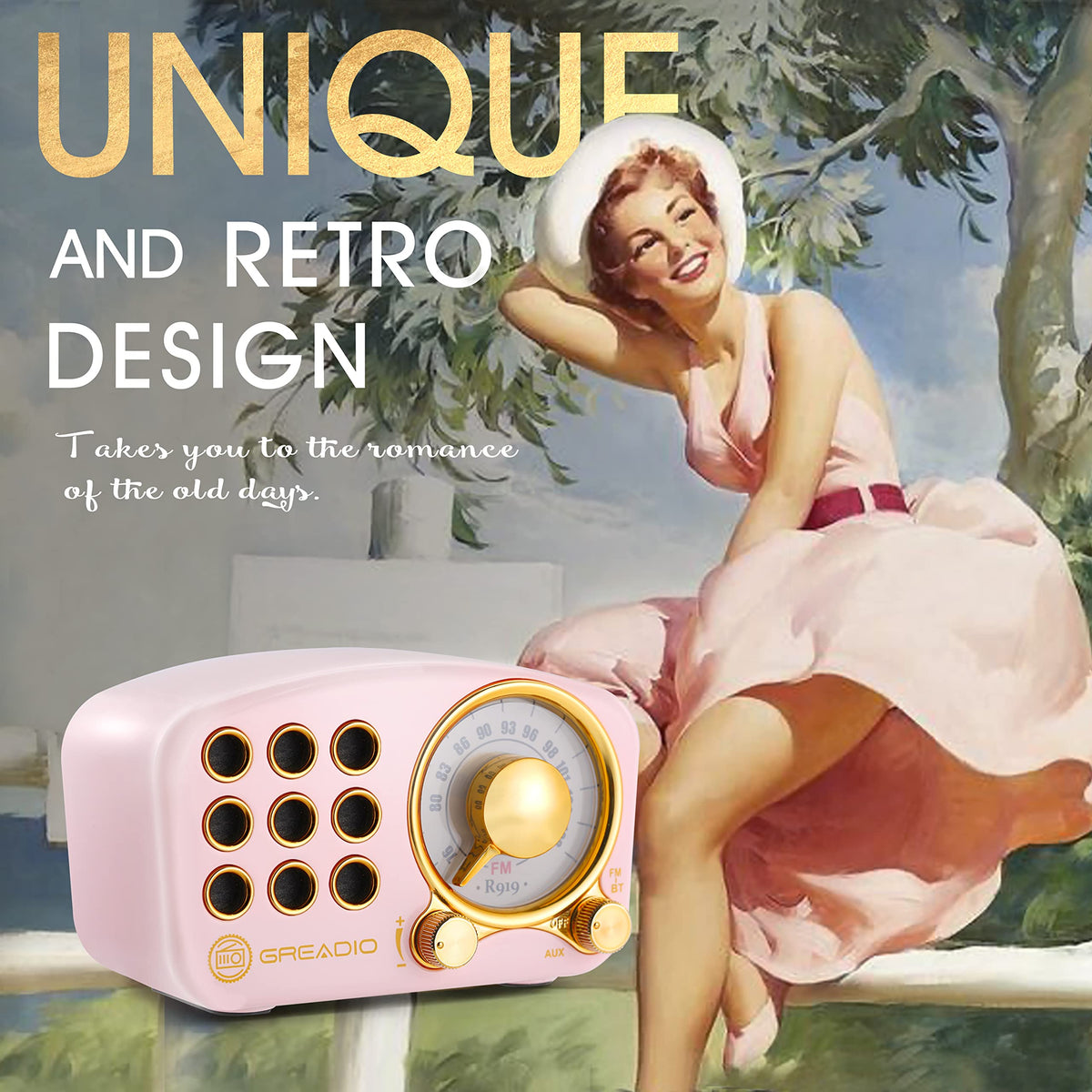 Altavoz Bluetooth Retro Greadio Rosa con Radio FM y Mejora de Graves