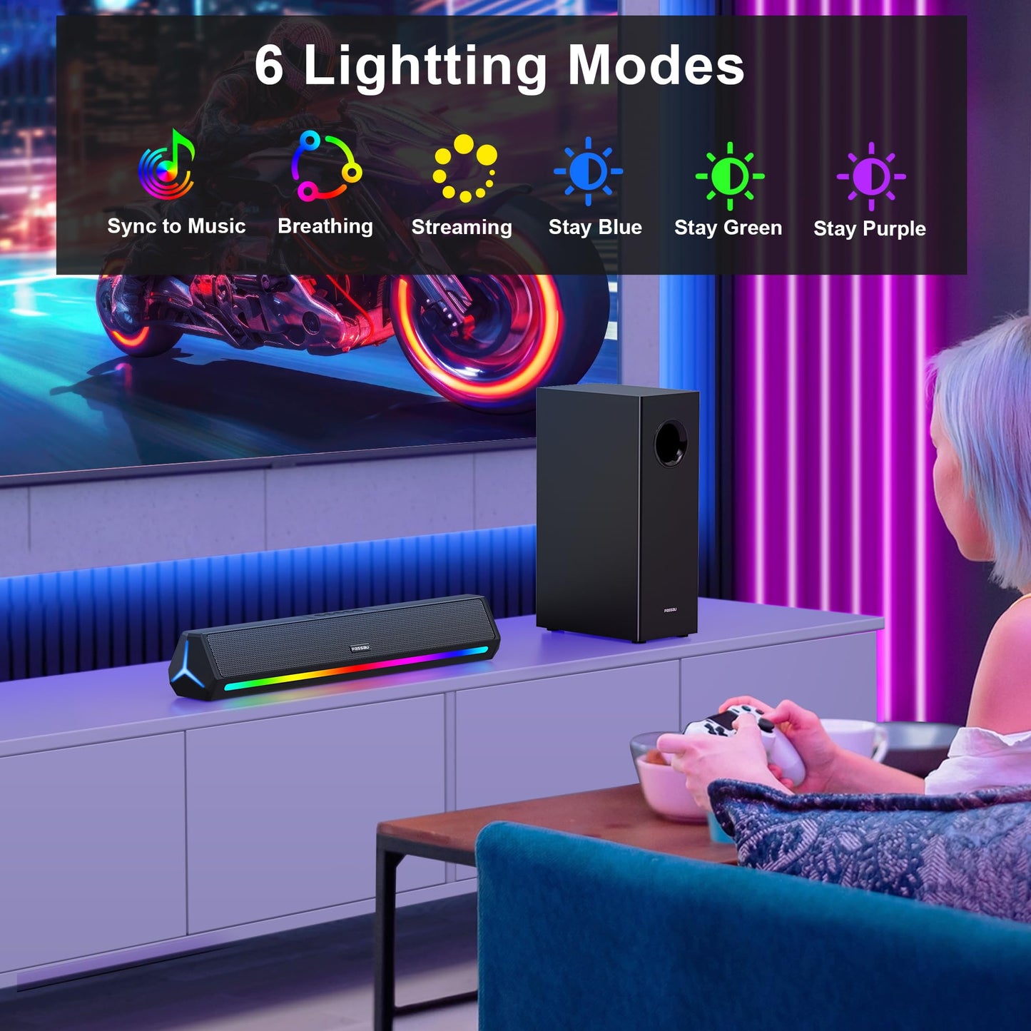 Barras de sonido para TV con subwoofer, 2.1 graves profundos 80 W altavoces de rango completo, visualización LED, bajos ajustables, HDMI/USB/AUX, Bluetooth 5.3 TV Soundbar sistema de audio de cine en