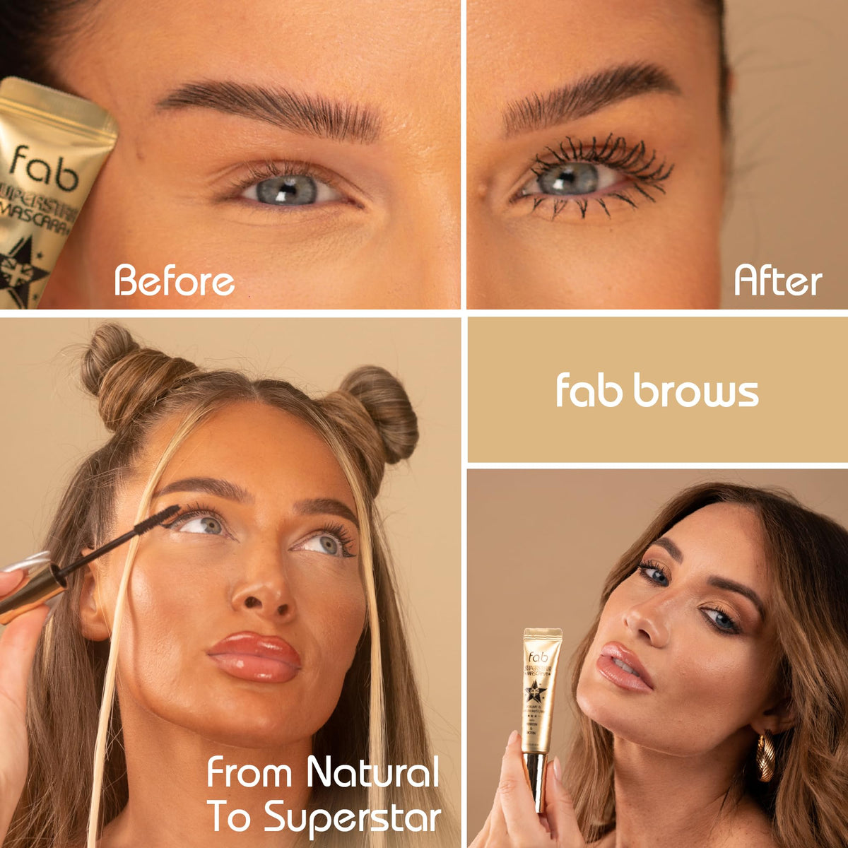 Fab Brows- Fab Superstar Mascara: Máscara de Pestañas Voluminizadora Resistente al Agua y con Efecto Lifting: Máscara de Pestañas Líquida Negra