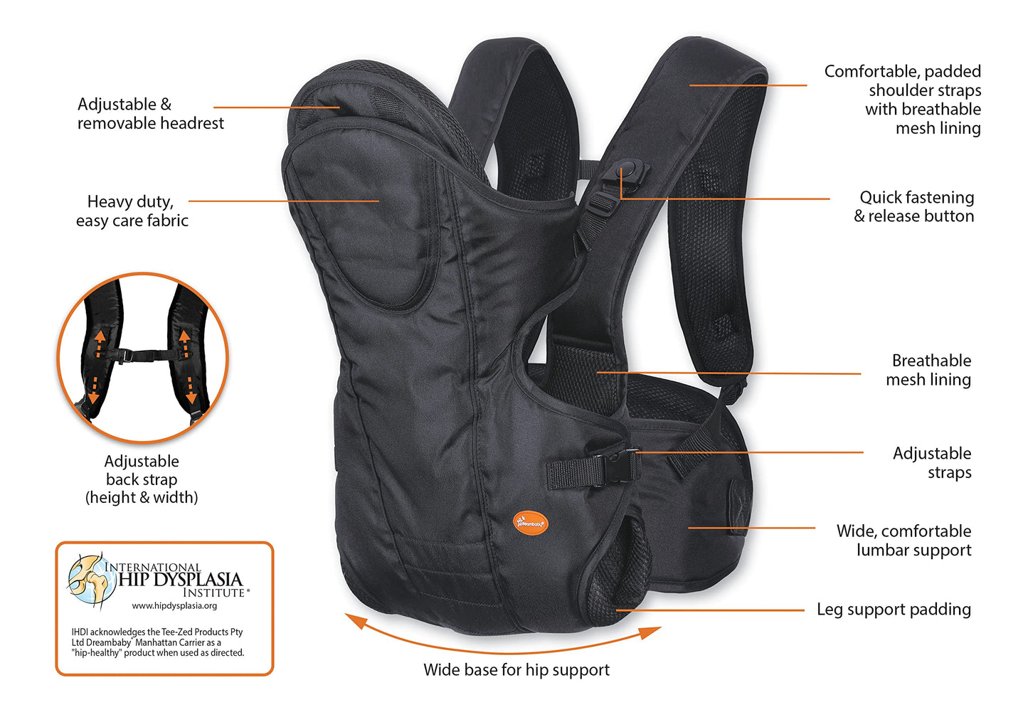 Portabebés Dreambaby Manhattan Negro Ajustable 3 en 1 para Recién Nacidos y Niños Pequeños