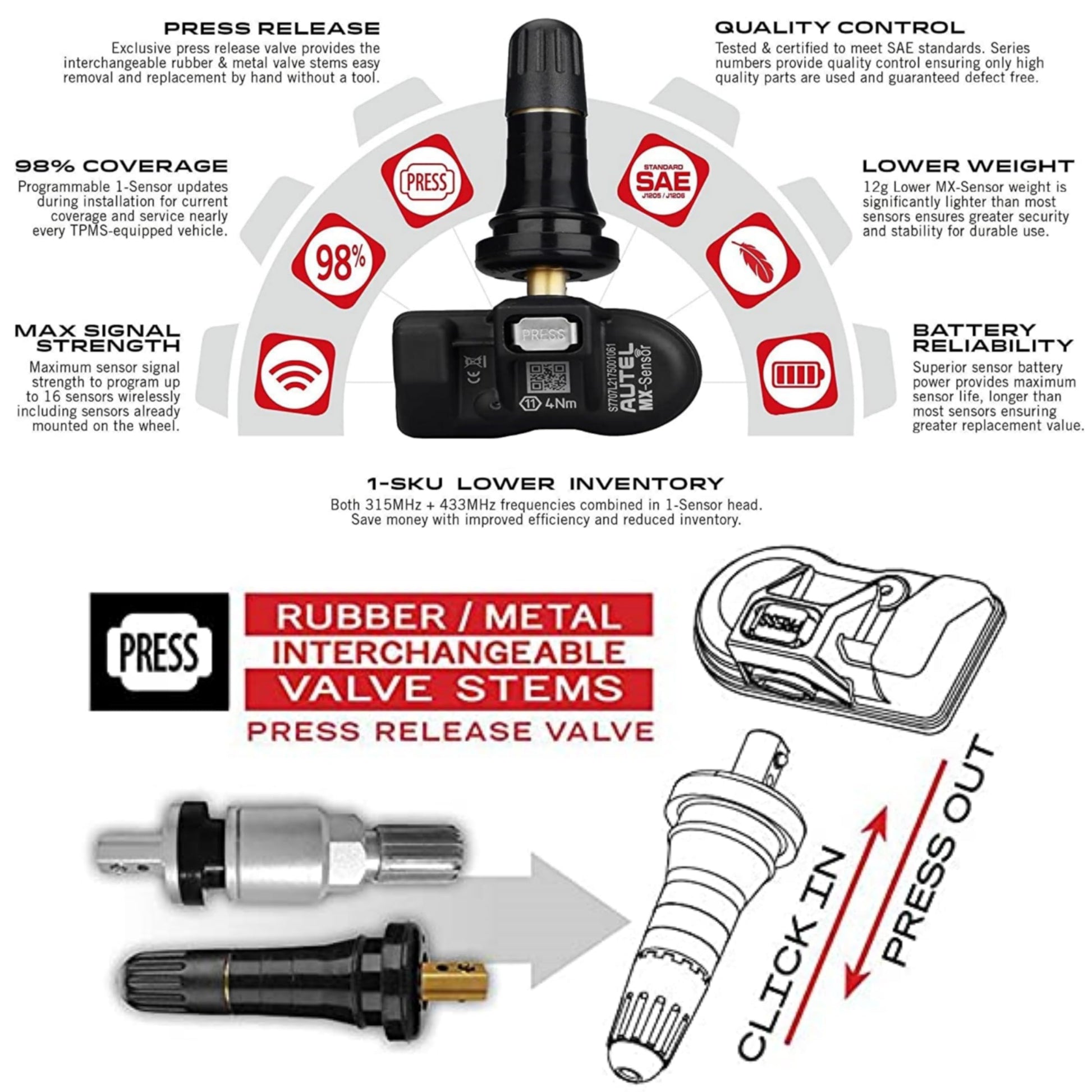 Autel MaxiTPMS MX - Sensor 4 unidades de tallo de goma 315/433MHz TPMS Sensor universal de neumáticos programado por TPMS Tool TS401 TS408 TS501 TS508 TS601 TS608 MK808TS MX808TS MS906TS ITS600
