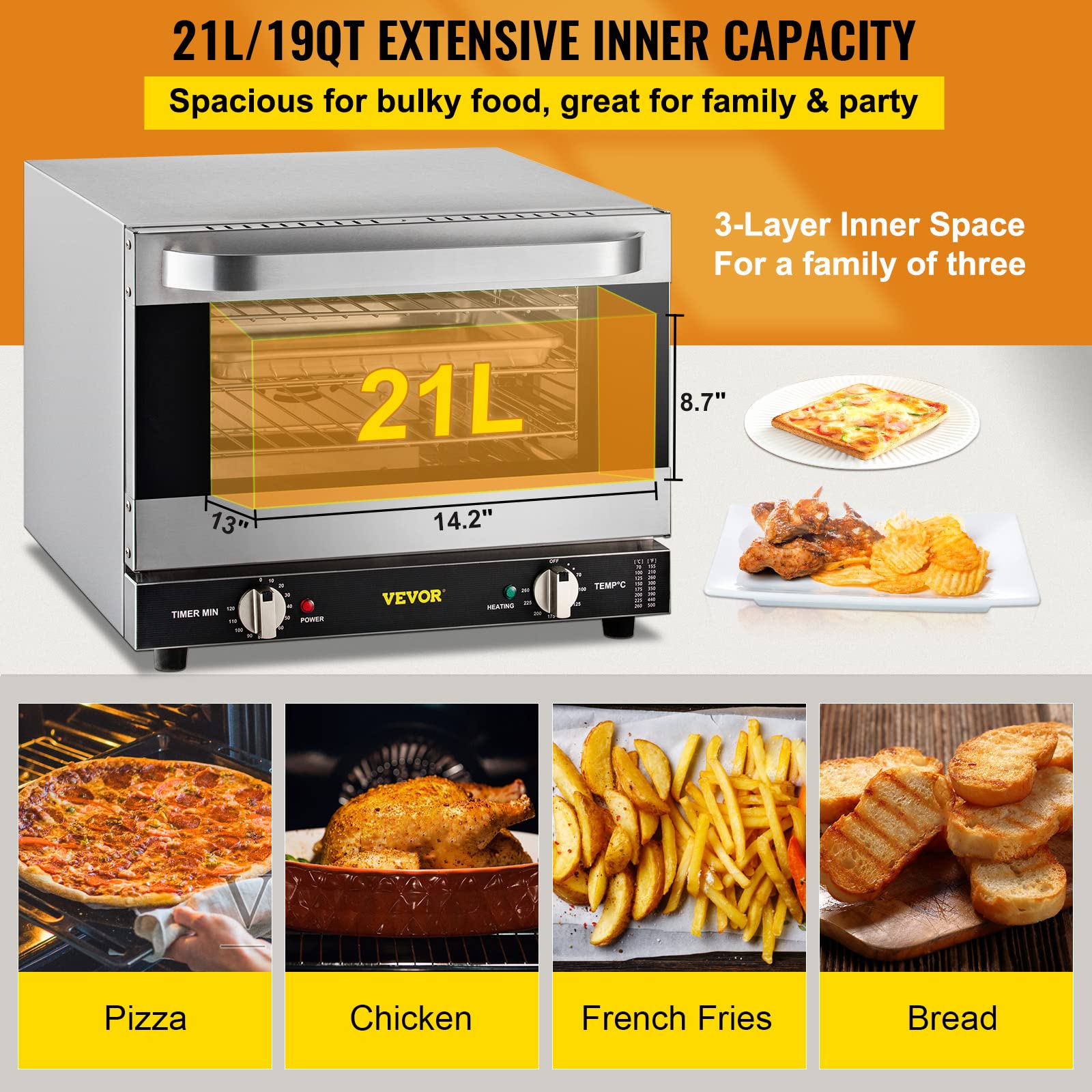 Horno de Convección Comercial VEVOR Vidrio Eléctrico 1440 W