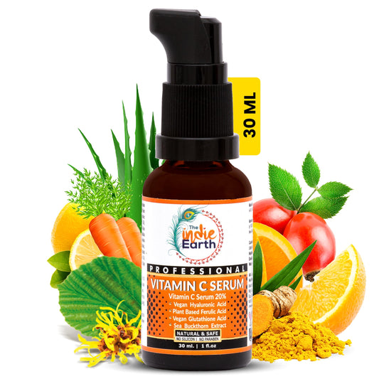 The Indie Earth Suero con vitamina C al 20%: fórmula avanzada antienvejecimiento e iluminadora con glutatión, ácido hialurónico, ácido ferúlico, cúrcuma, rosa mosqueta y espino amarillo para mejora