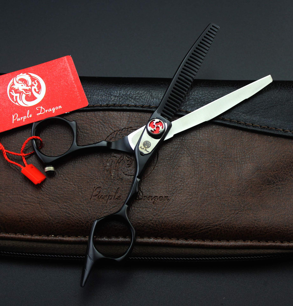 Purple Dragon Tijeras de Corte de Pelo y Tijeras de Adelgazamiento de Acero Inoxidable Japonés 440C, 14 cm, con Bolsa, Color Negro, Perfectas para Peluquería Profesional