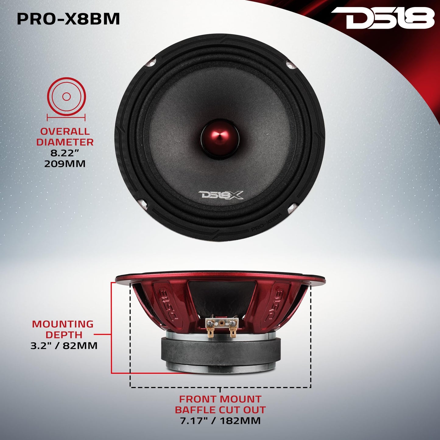DS18 PRO-X8BM Loudspeaker - 8", Midrange, Red Aluminum Bullet, 550W MAX, 275W RMS, 8 Ohms - Premium Quality Audio Door Speakers for Car or Truck Stereo Sound System (1 Speaker)