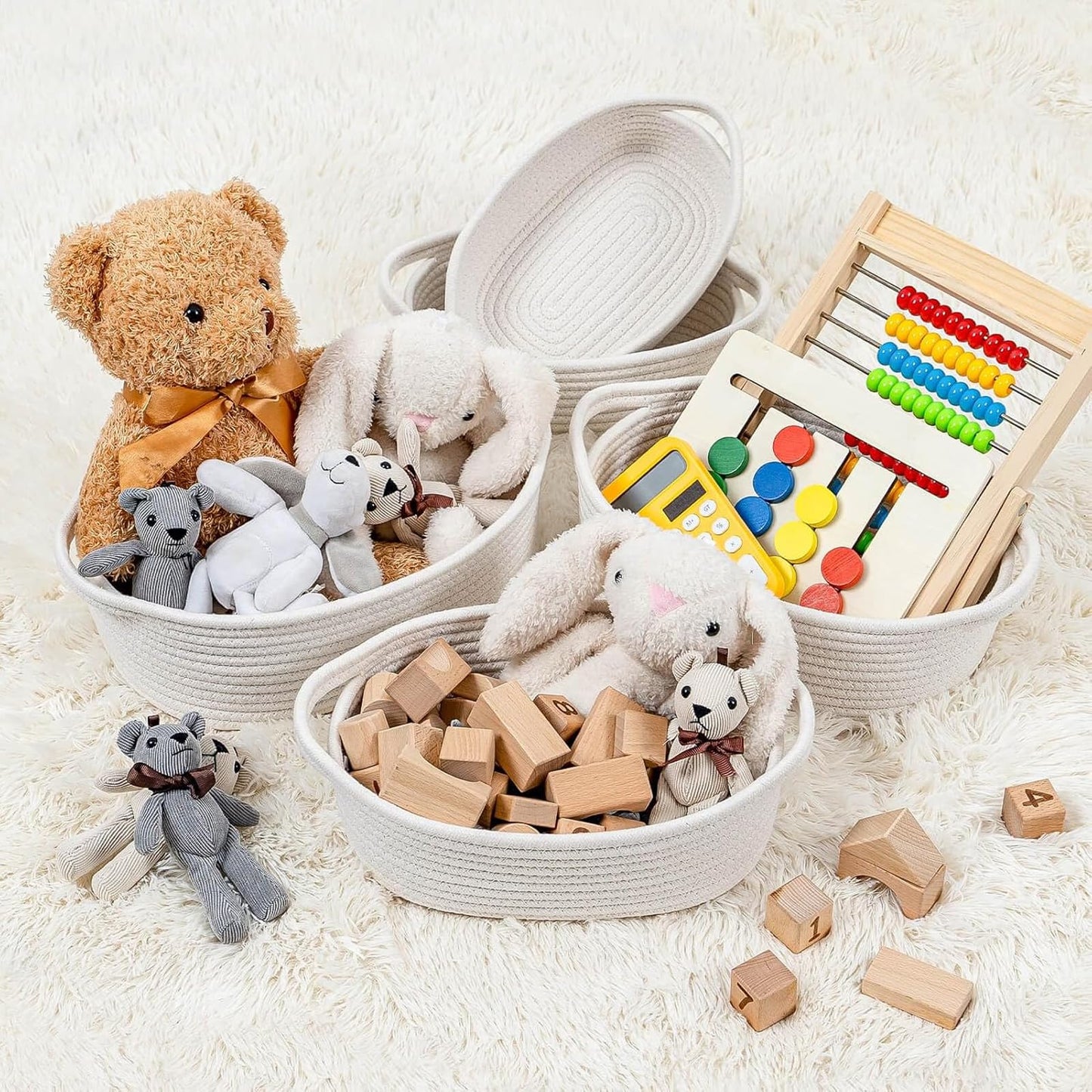 NUIO 5 Piezas Canastas Organizadoras Rectangulares de Algodón Natural con Asas, Caja Cestas de Almacenamiento,Ideal para Baño, Juguetes Infantiles, Clóset, Maquillaje y Organización del Baño (blanco)