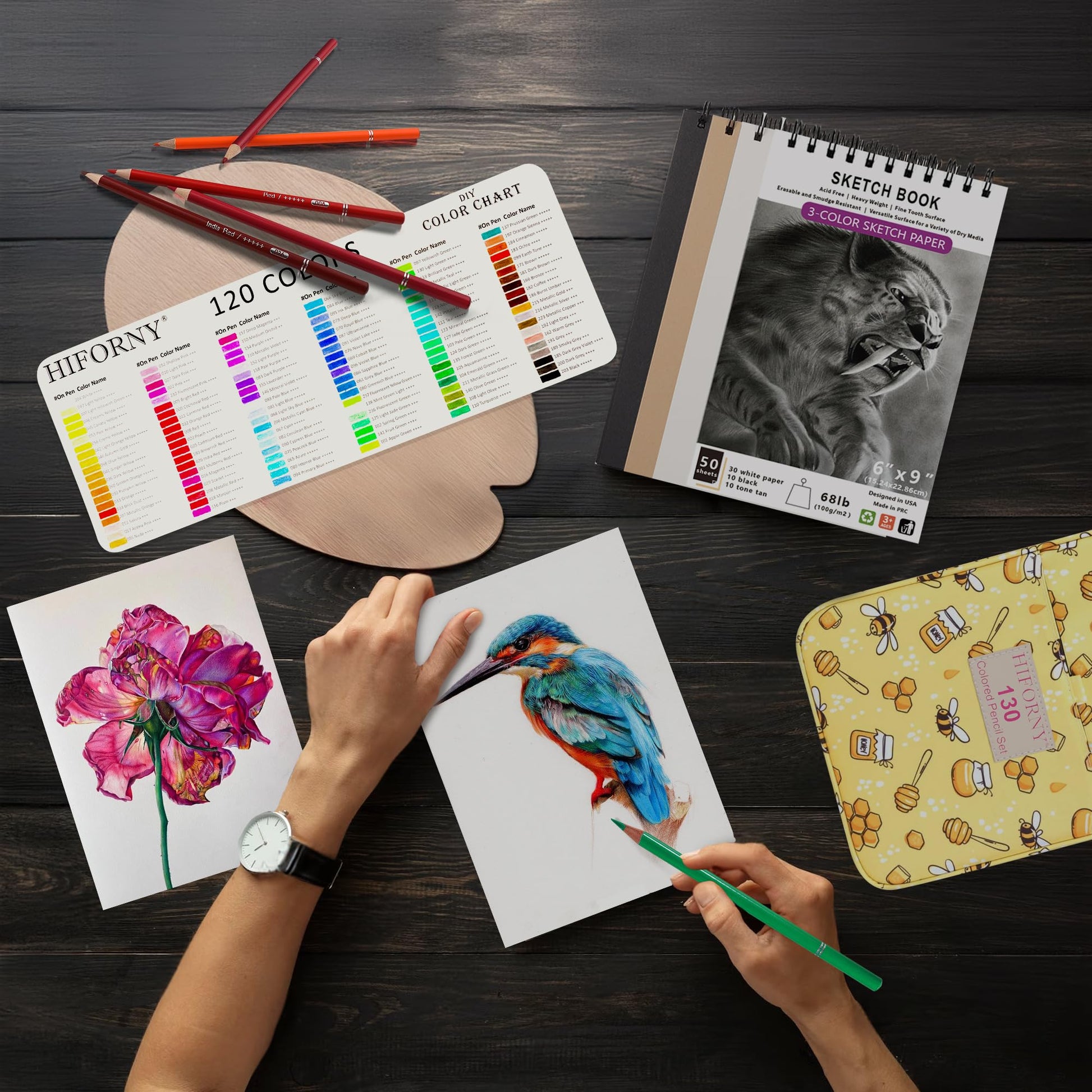 HIFORNY - Juego de 130 lápices de colores para adultos, 120 lápices de colores con extras, núcleo suave de artistas, lápices de dibujo, suministros de manualidades para adultos
