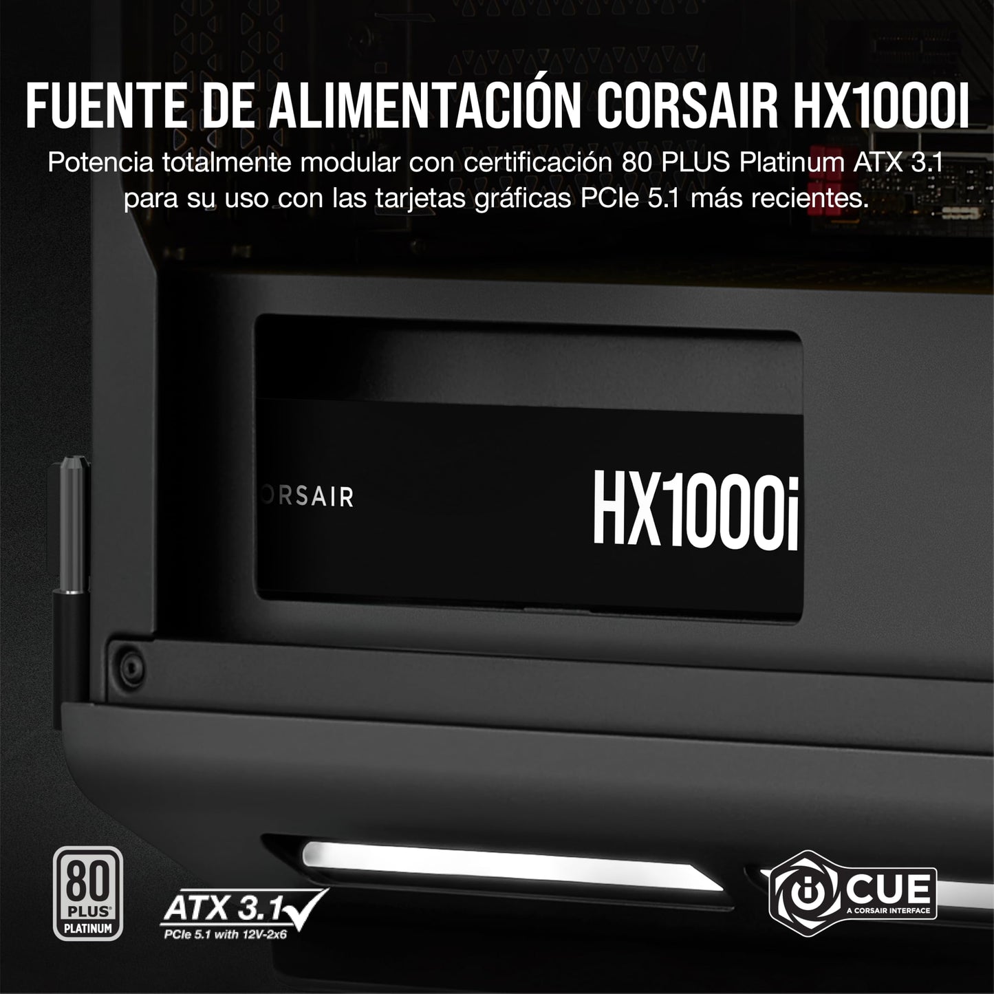 Corsair HX1000i Fuente de Alimentación ATX Totalmente Modular de Muy Bajo Nivel Sonoro - Compatible con ATX 3.0 y PCIe 5.0 -Ventilador con Rodamiento Dinámico Fluido - 80 Plus Platinum - Negro