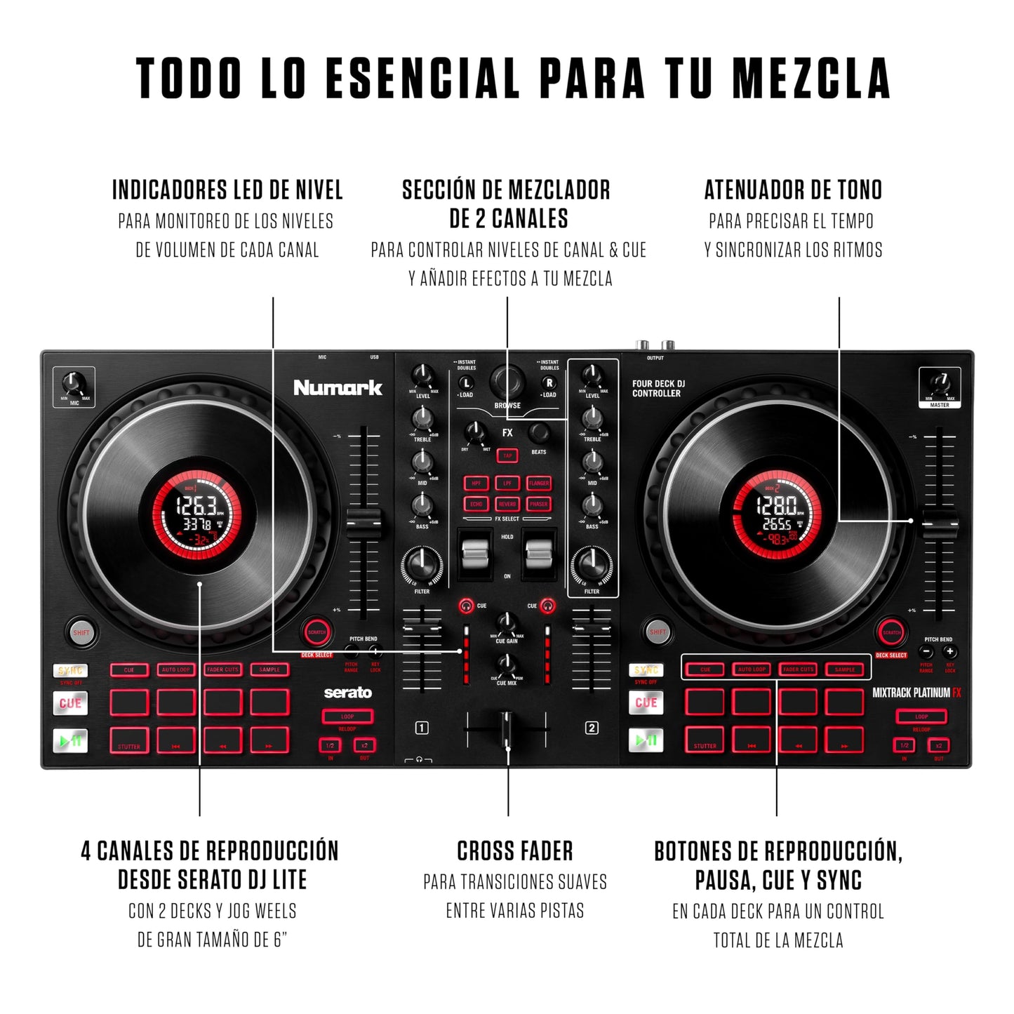 Controlador DJ Numark Mixtrack Platinum FX Plata con Interfaz de Audio y Efectos para Serato