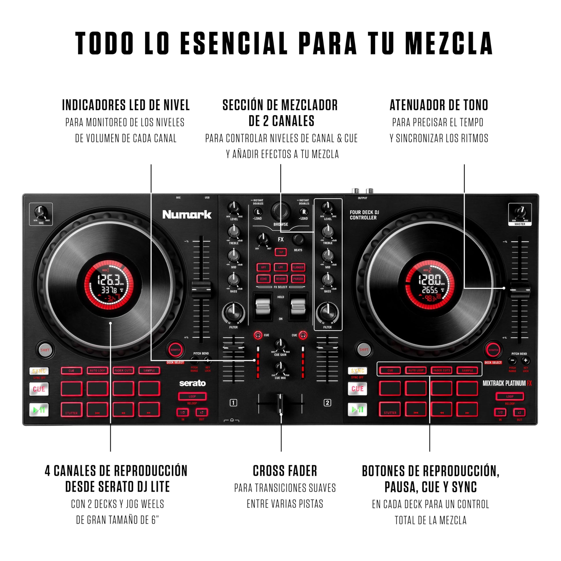 Controlador DJ Numark Mixtrack Platinum FX Plata con Interfaz de Audio y Efectos para Serato
