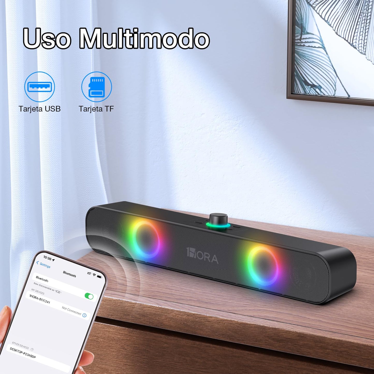 Bocina Bluetooth Hora RGB 10W Batería 2400mAh para Interior y Hogar