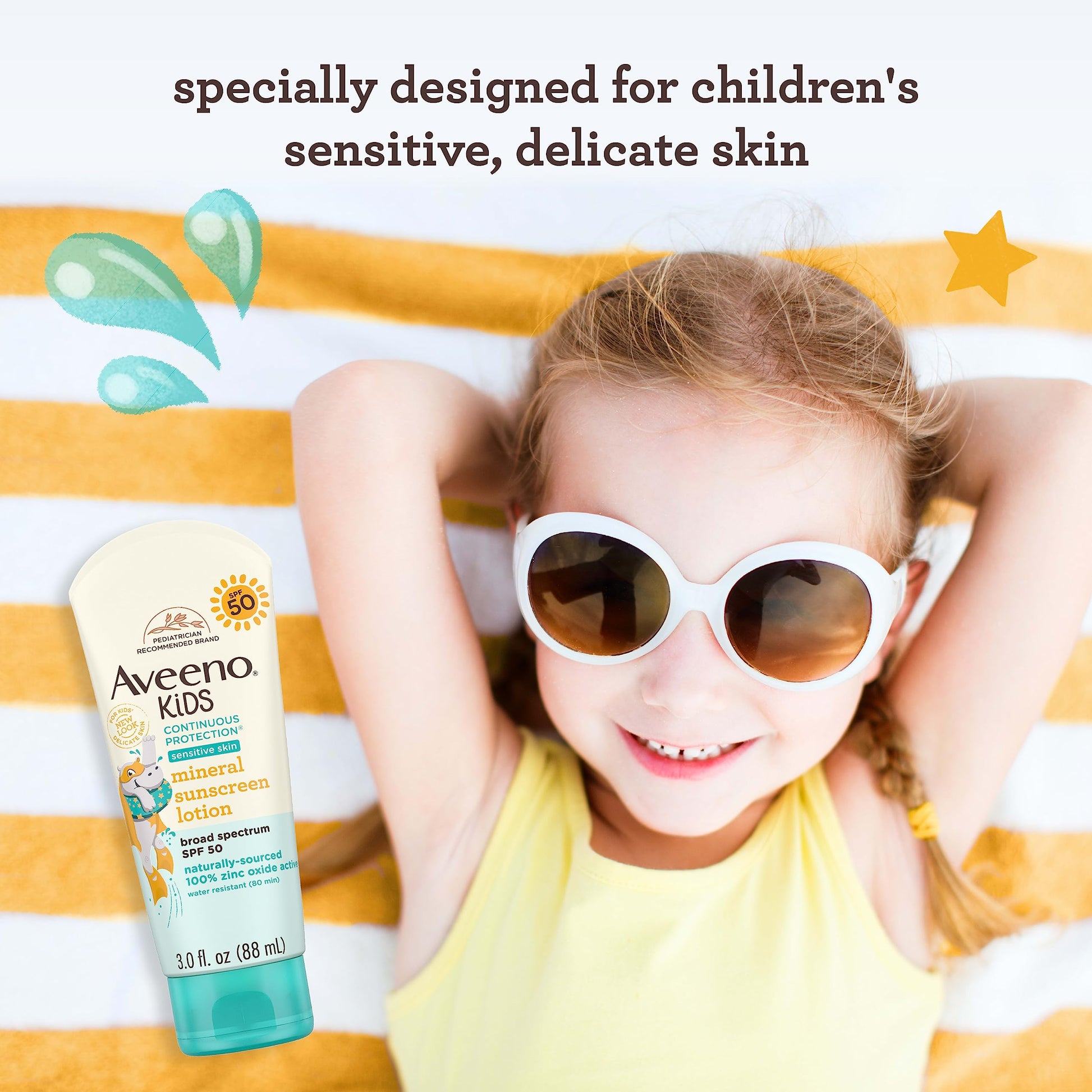 Aveeno Kids Continuous Protection Zinc Oxide Mineral Sunscreen Lotion for Children's Sensitive Skin with Broad Spectrum SPF 50, Tear-Free, Sweat- & Water-Resistant, 3 fl. oz