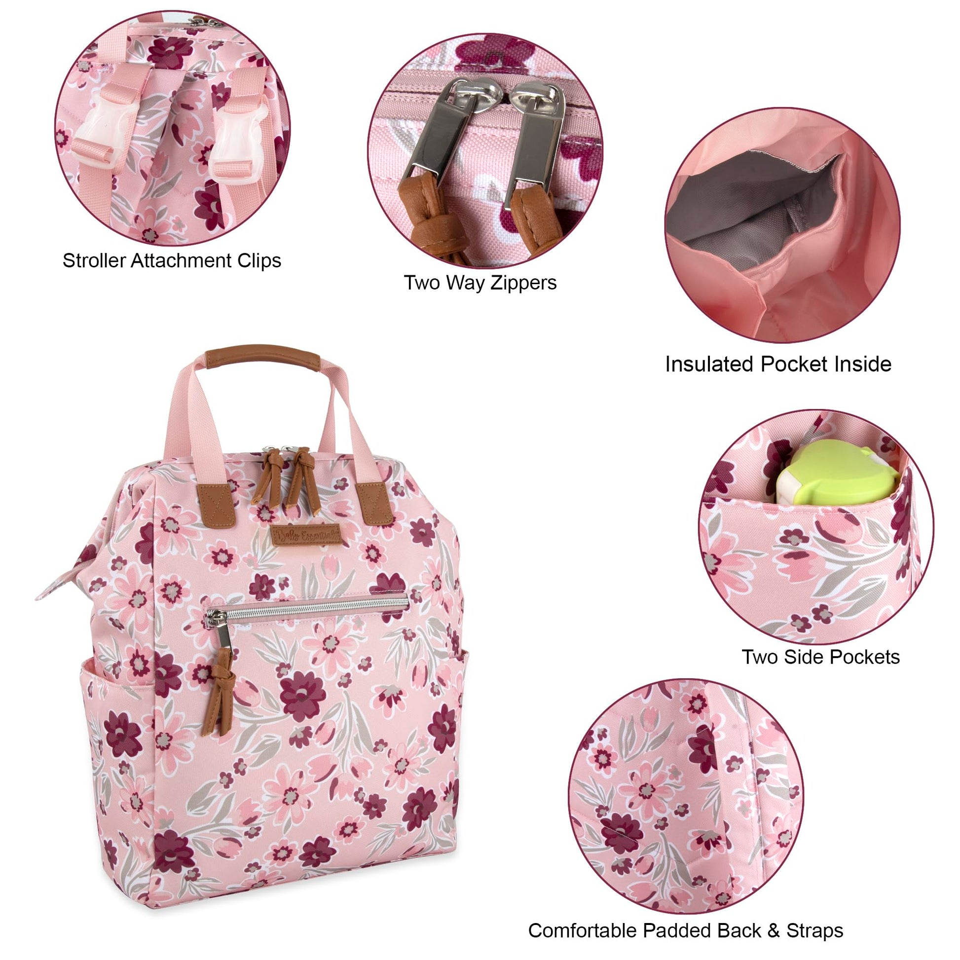 Baby Essentials - Mochila de pañales con marco principal súper enfriadora con cambiador, correas para carriola, compartimento aislado para botellas