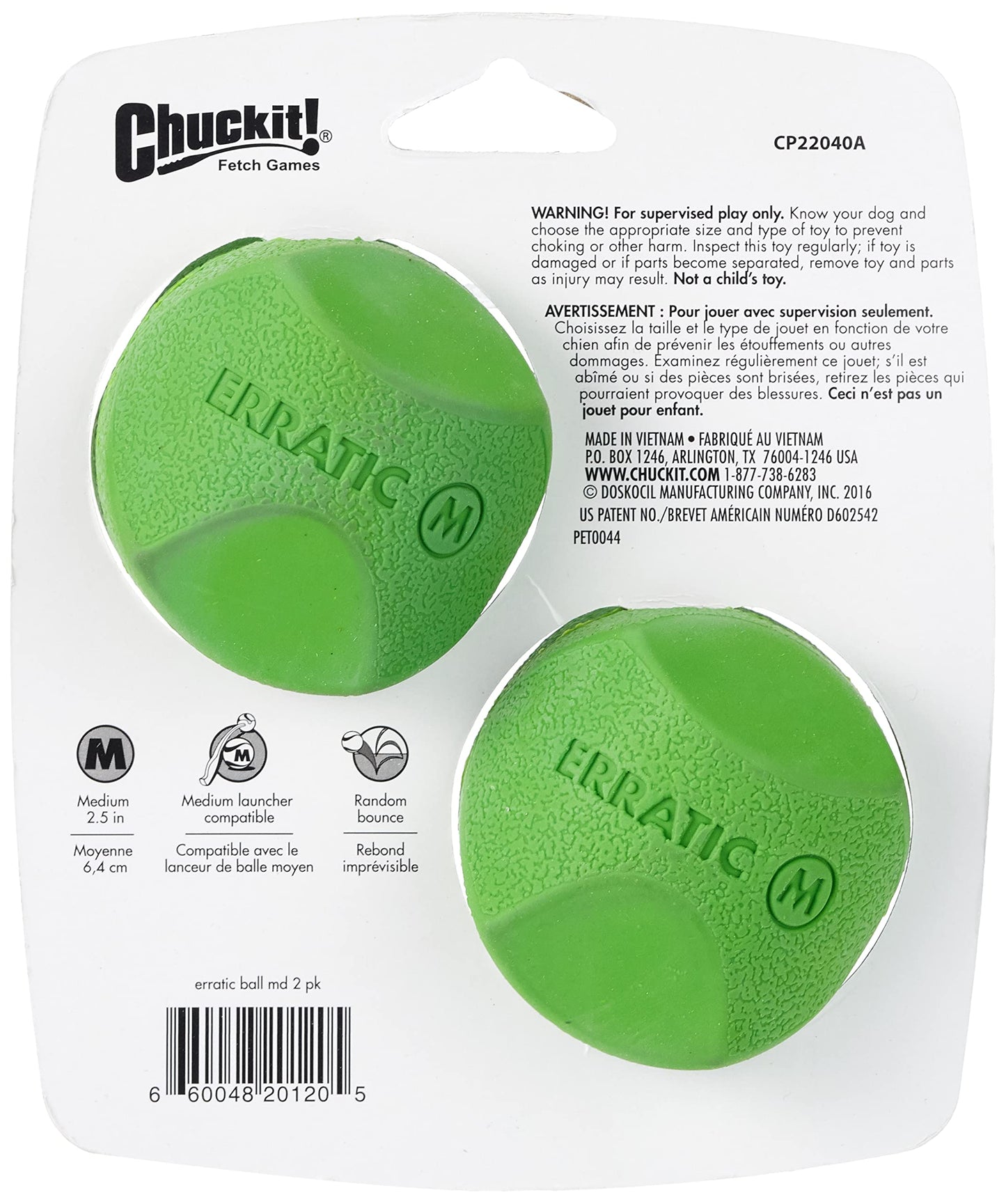 Chuckit! Bola Errática, Verde, Medium, 2-1/2 Inch, 2-Pack