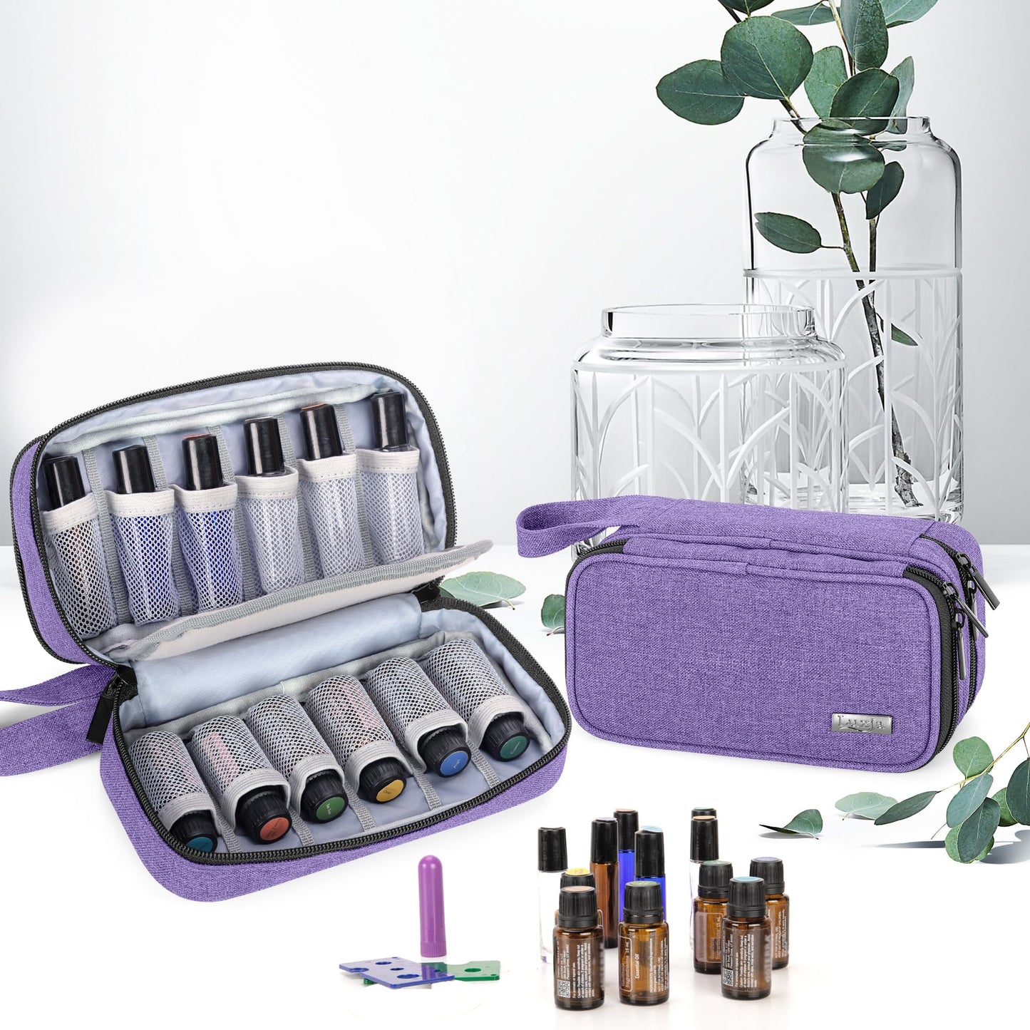 Luxja Essential Oil Carrying Case - Holds 12 Bottles (5ml-15 ml), Portable Double-Layer Organizer for Essential Oil and Accessories, Purple