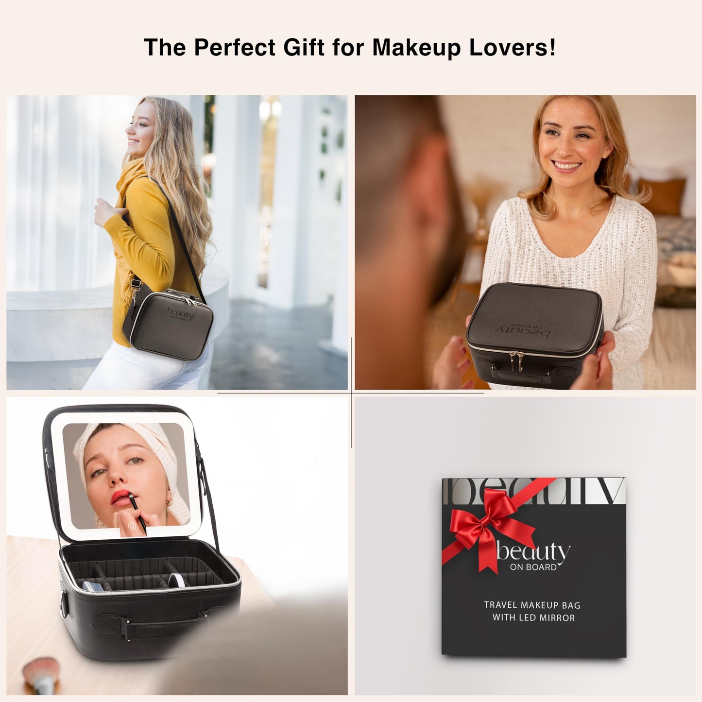 BeautyOnBoard - Bolsa de maquillaje con espejo LED, funda de maquillaje de piel sintética, 3 niveles de brillo ajustables, estuche cosmético iluminado con espejo, divisores, organizador de viaje