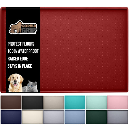 Gorilla Grip 100% Impermeable con Borde Elevado, Alfombrilla de alimentación de Silicona para Mascotas, sin BPA, Las Alfombrillas para Comida para Perros y Gatos contienen derrames, 18.5x11.5 Red