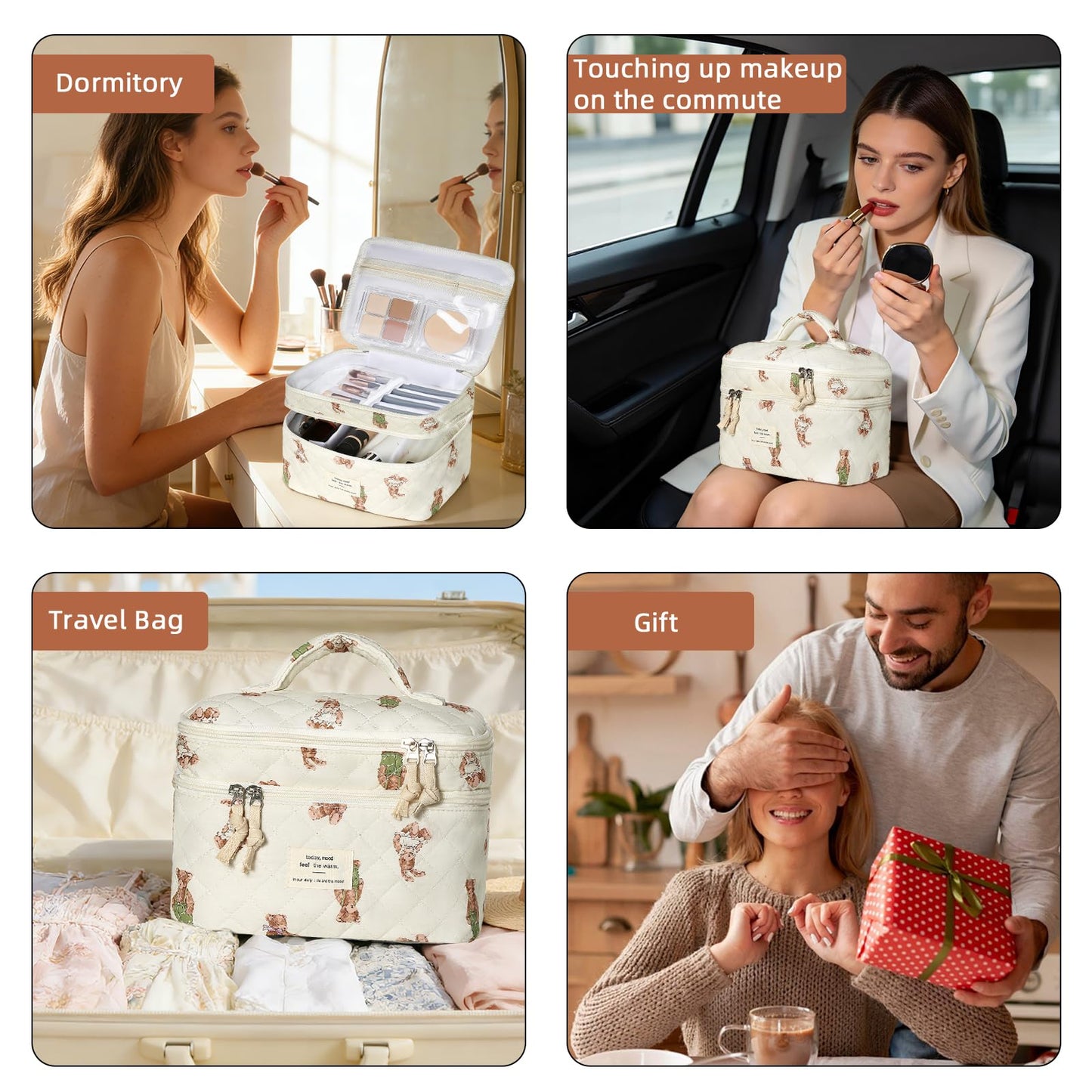 Bolsa de maquillaje, bolsa de cosméticos grande para mujeres y niñas, lindas bolsas de maquillaje acolchadas, bolsa de aseo estética de coquetas florales, bolsa organizadora de maquillaje de viaje