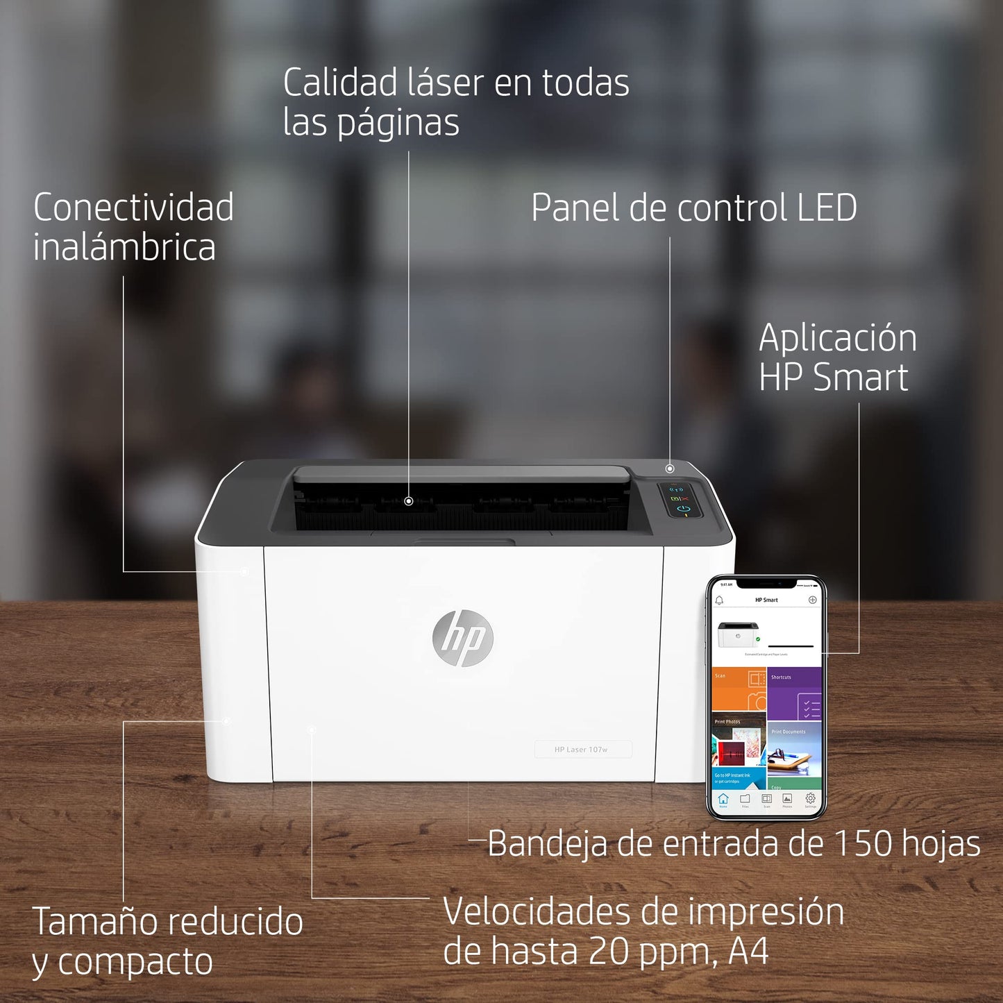 HP Impresora Laser 107w, Láser, Impresión en Negro, Wi-Fi, USB, Impresión y escanéo Smart App, Apple Air Print, Bandeja de 150 Hojas, Pantalla LED (4ZB78A)