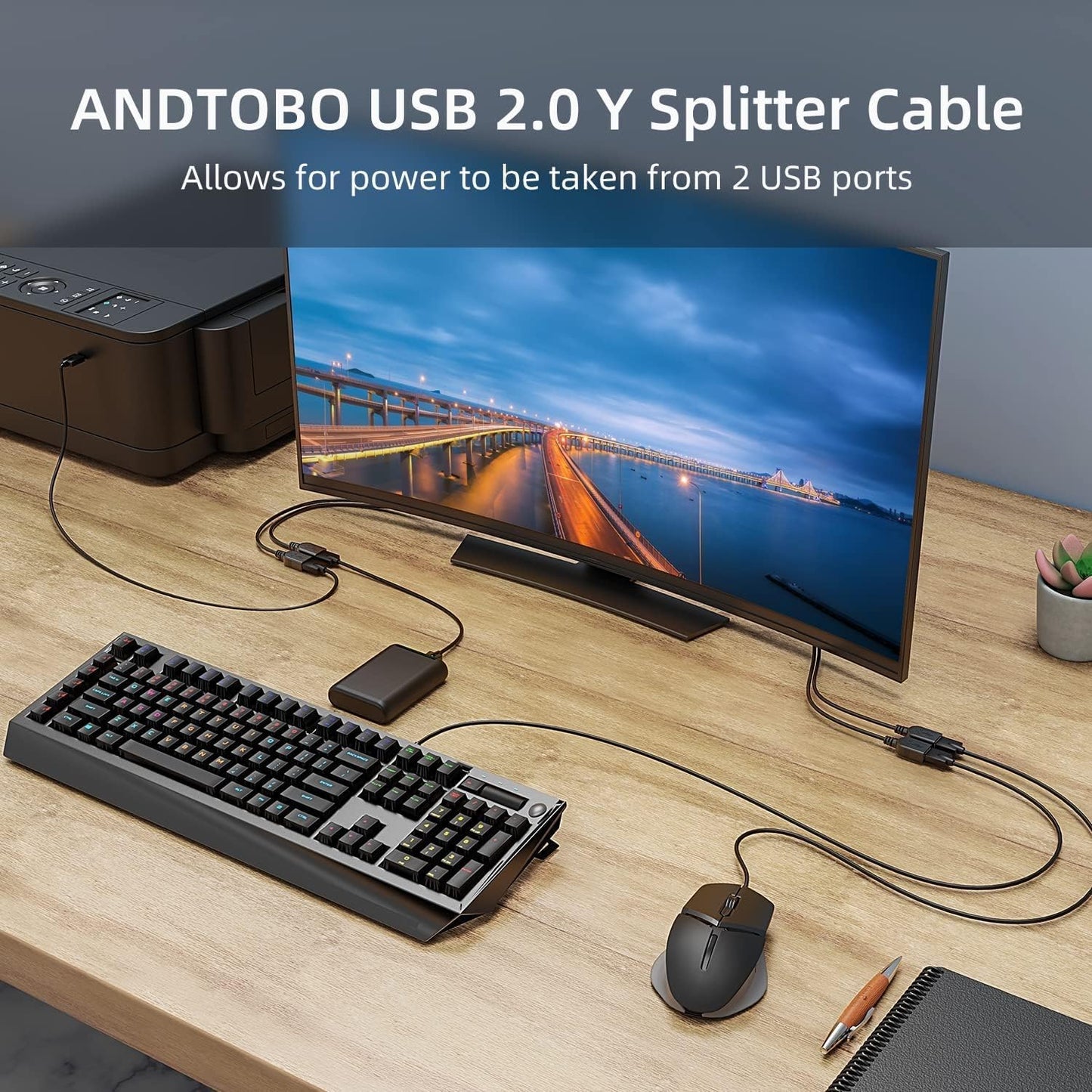 Cable Divisor USB 2.0 ANDTOBO Negro para PC y Laptop