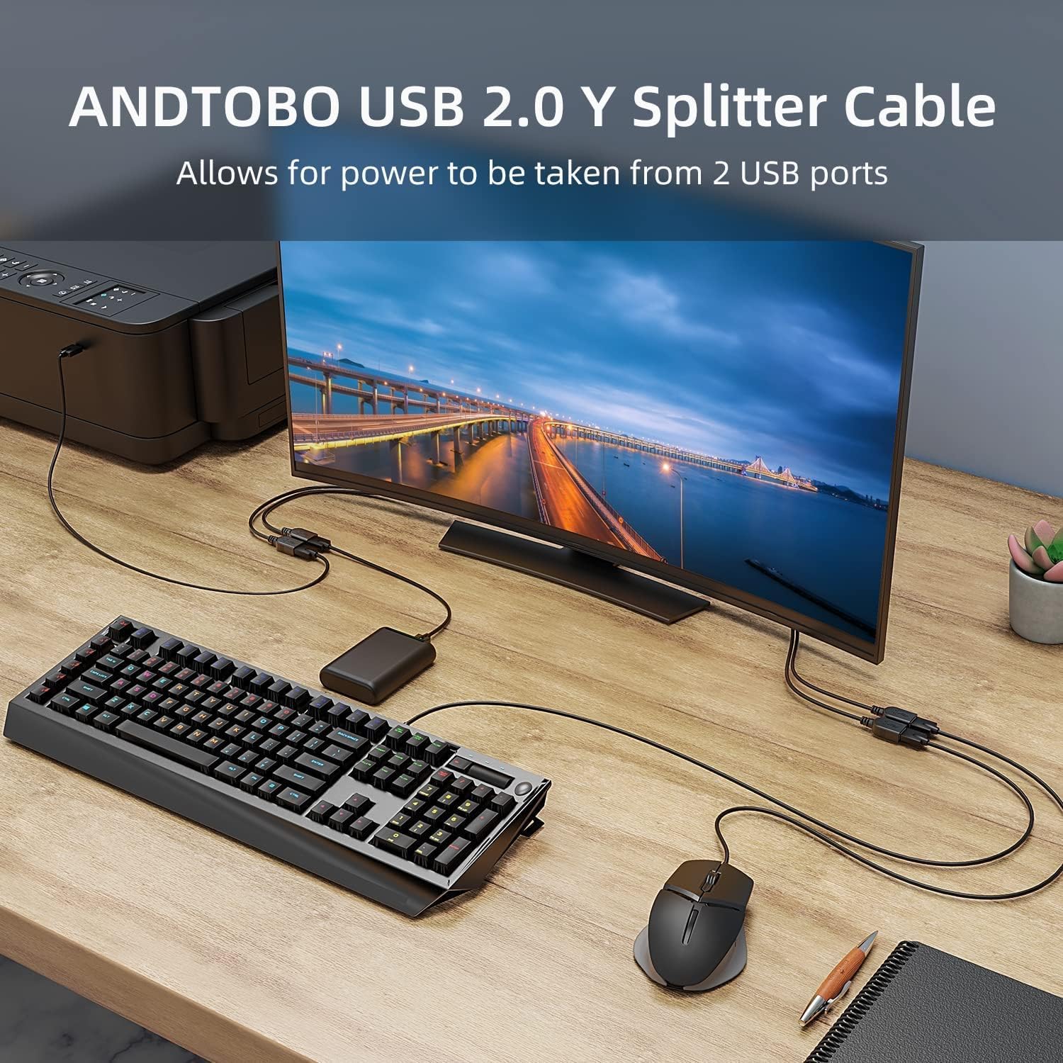 Cable Divisor USB 2.0 ANDTOBO Negro para PC y Laptop