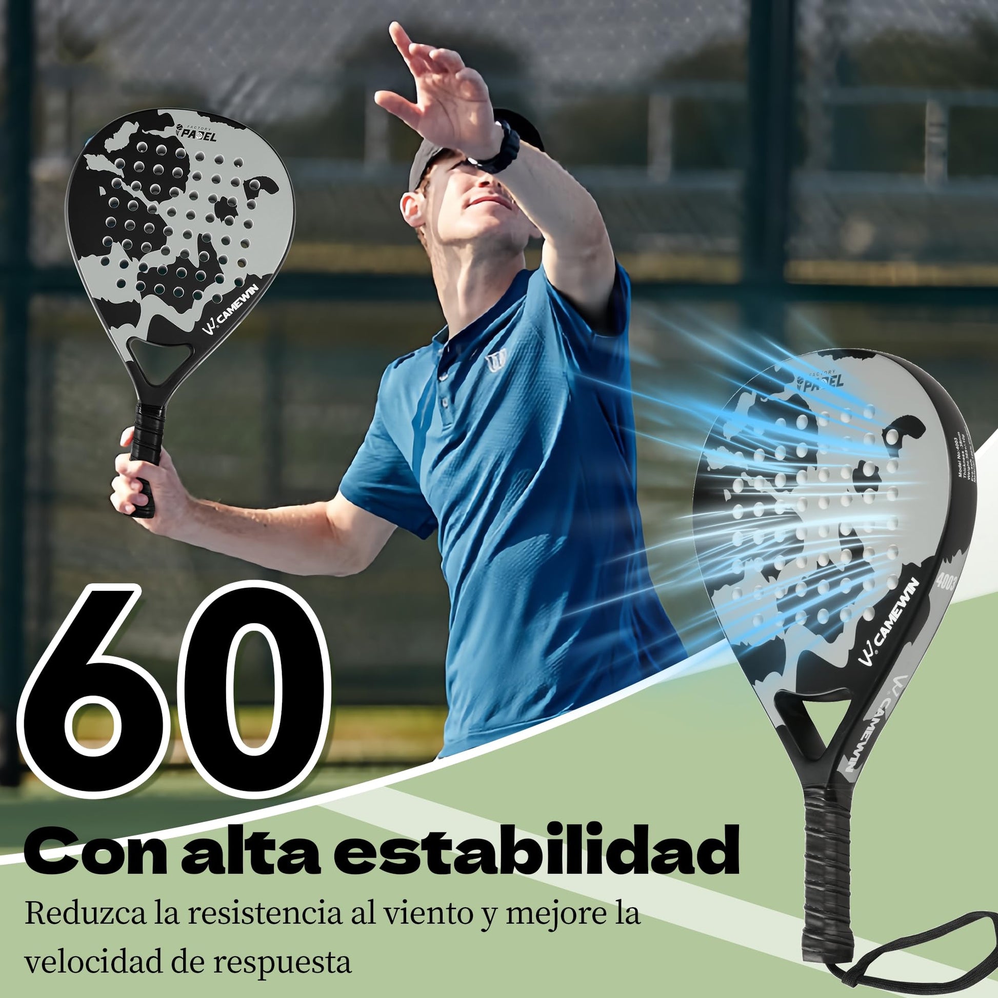 Camewin Raquetas de Pádel, Set de 2 Palas de Pádel 100% Fibra de Carbono con Fundas, 4 Grips y 2 Muñequeras, para Principiantes e Intermedios, pensada en Proteger la Raqueta Padel.