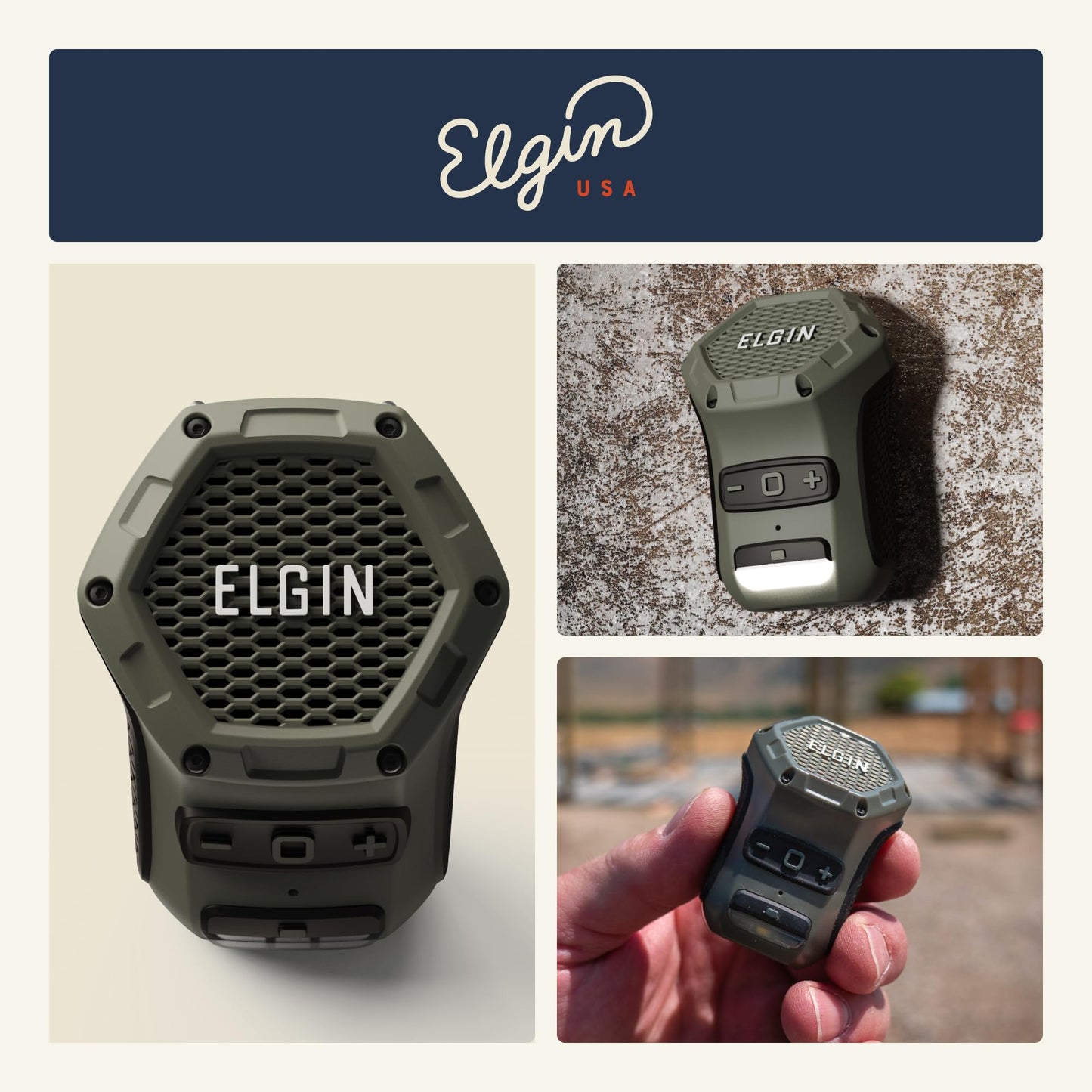 Elgin Thumper Mini Altavoz Bluetooth Portátil, 35 Horas de Duración de Batería, Alcance Inalámbrico de 15 m, Resistente al Agua, Montura Magnética y Diseño de Clip con Luz de Trabajo LED para Sitio de