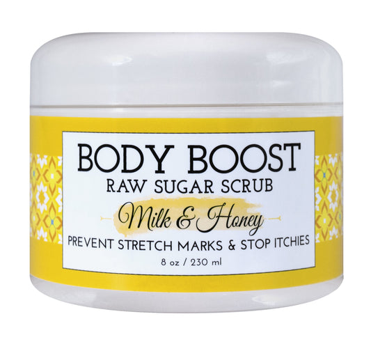 Body Boost Exfoliante de leche y miel para azúcar, 8 onzas, cuidado de la piel seguro para el embarazo y la lactancia