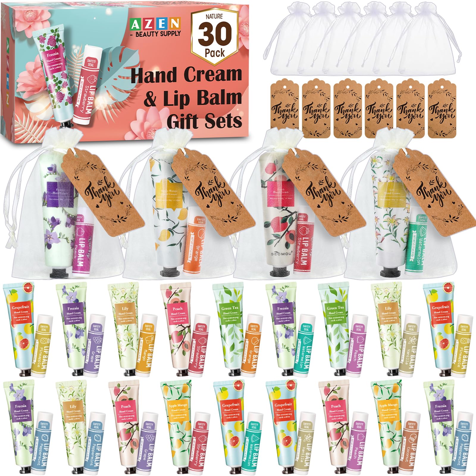 AZEN 30 Juegos De Crema De Manos A Granel Y Bálsamo Labial Conjunto A Granel, Regalos De Despedida De Soltera Para Invitados Con Bolsa De Organza Tarjeta De Agradecimiento, Favores