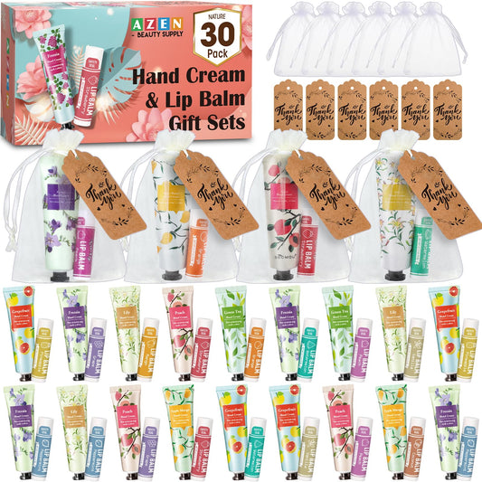 AZEN 30 Juegos De Crema De Manos A Granel Y Bálsamo Labial Conjunto A Granel, Regalos De Despedida De Soltera Para Invitados Con Bolsa De Organza Tarjeta De Agradecimiento, Favores
