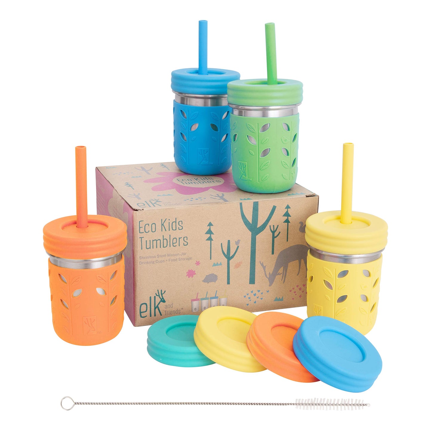 Elk and Friends - Vasos de Acero Inoxidable de 10 Onzas para Niños y Niños Pequeños, El Tarro Original de Mason con Mangas + Tapas, Pajitas de Silicona, Batidos, Tarro de Almacenamiento, Resistente a