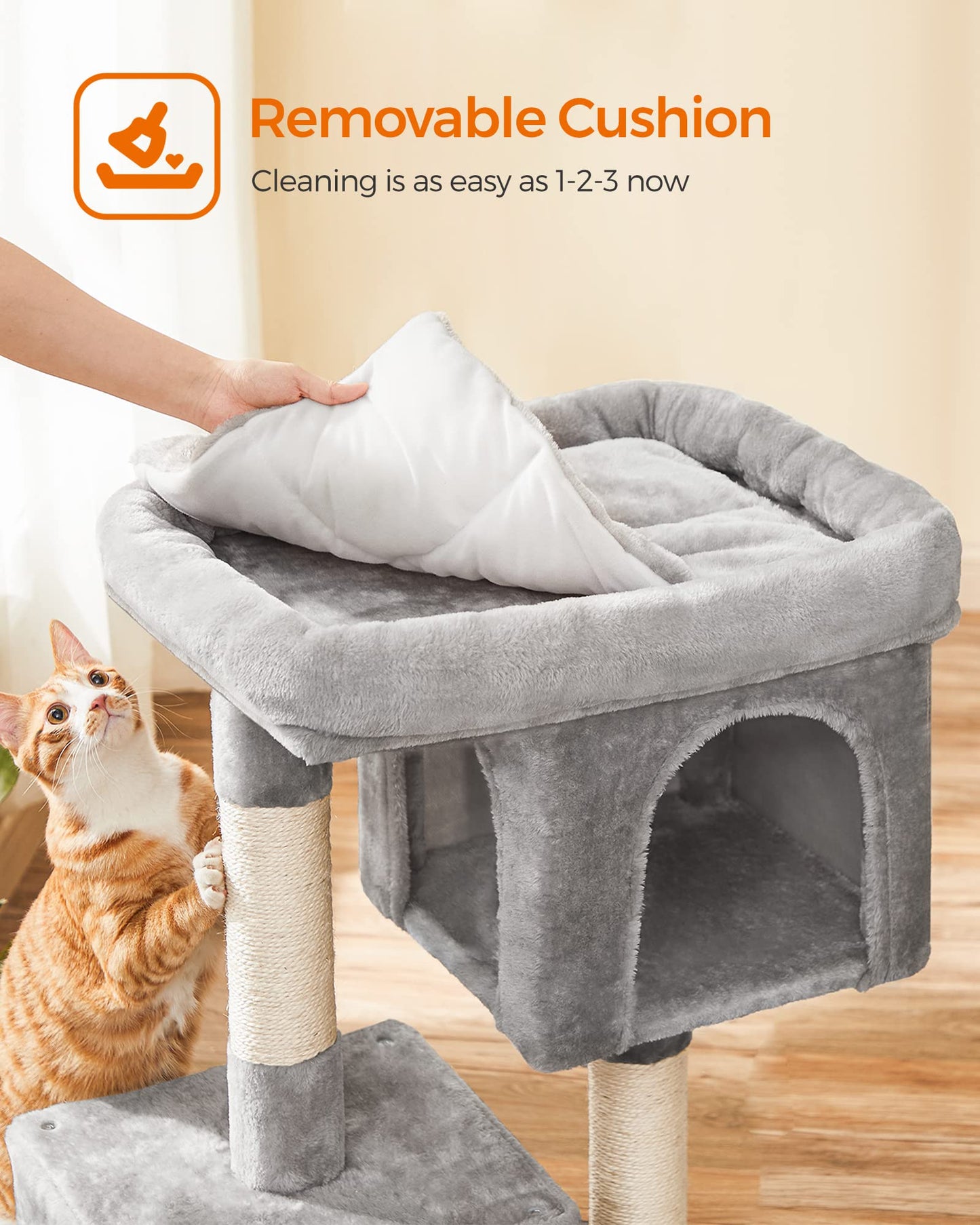SONGMICS Cat Tree with Sisal-Covered Scratching Posts and 2 Plush Condos Cat Furniture for Kittens Light Gray UPCT61W