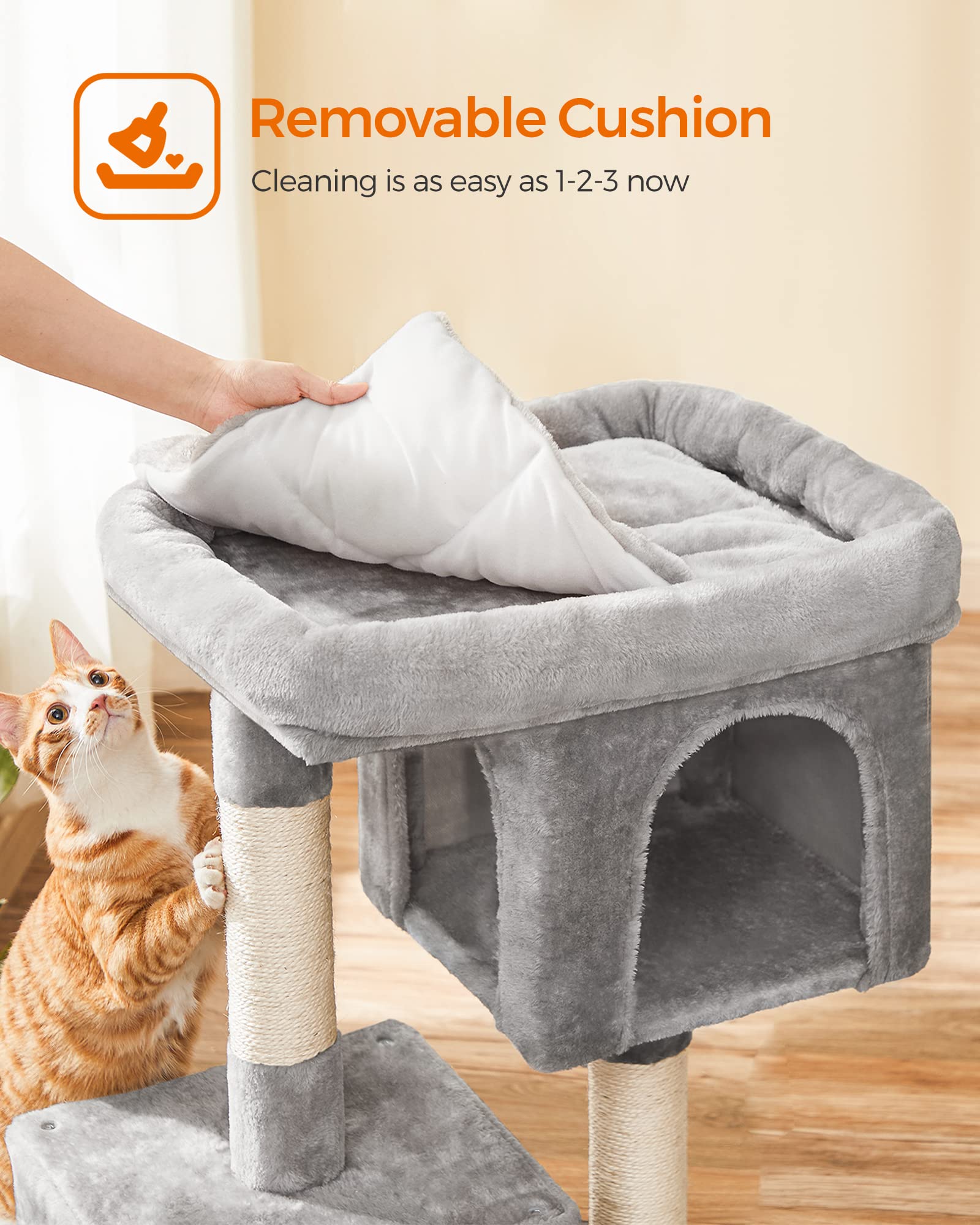 SONGMICS Cat Tree with Sisal-Covered Scratching Posts and 2 Plush Condos Cat Furniture for Kittens Light Gray UPCT61W