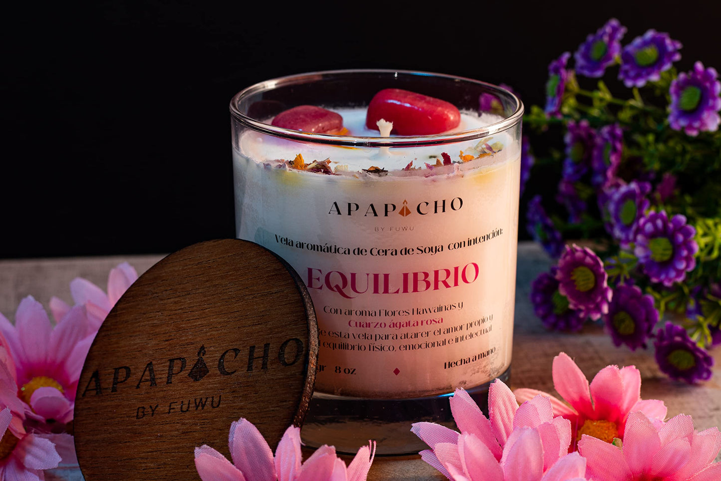 Fuwu, velas aromaticas relajantes de cera de soya con cuarzos naturales, velas decorativas hechas a mano con hierbas de olor, aromatizantes para hogar, velas aromaticas (Flores hawaianas con Sandía)